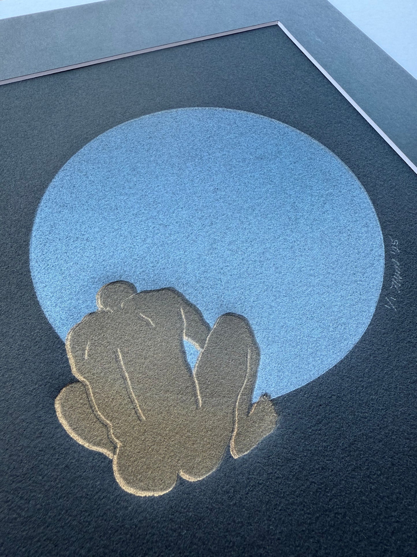 Gold Figure. Light Blue Circle. 8x10 Art in 11x14 Mat.
