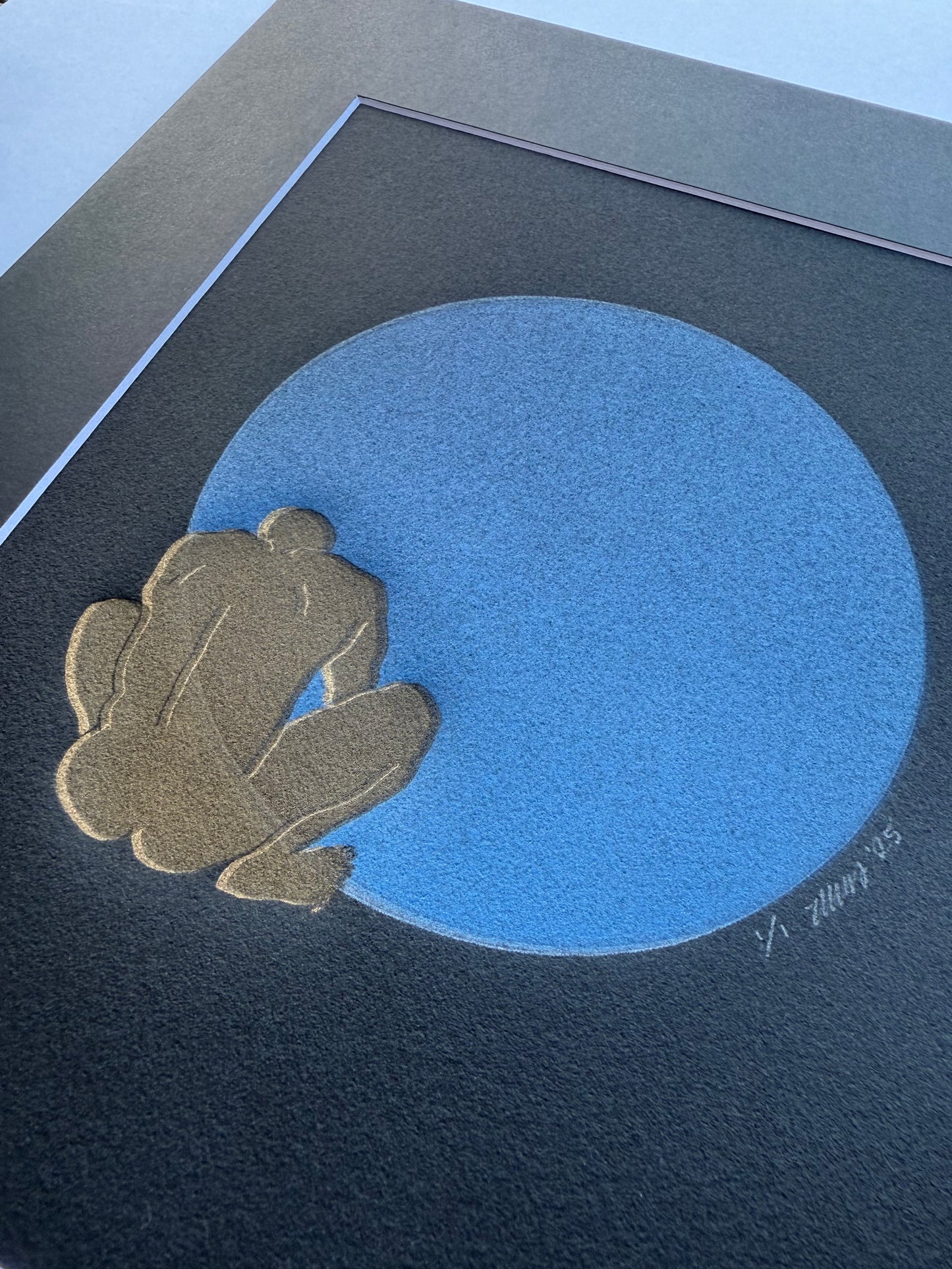 Gold Figure. Cobalt Blue. 8x10 Art in 11x14 Mat.