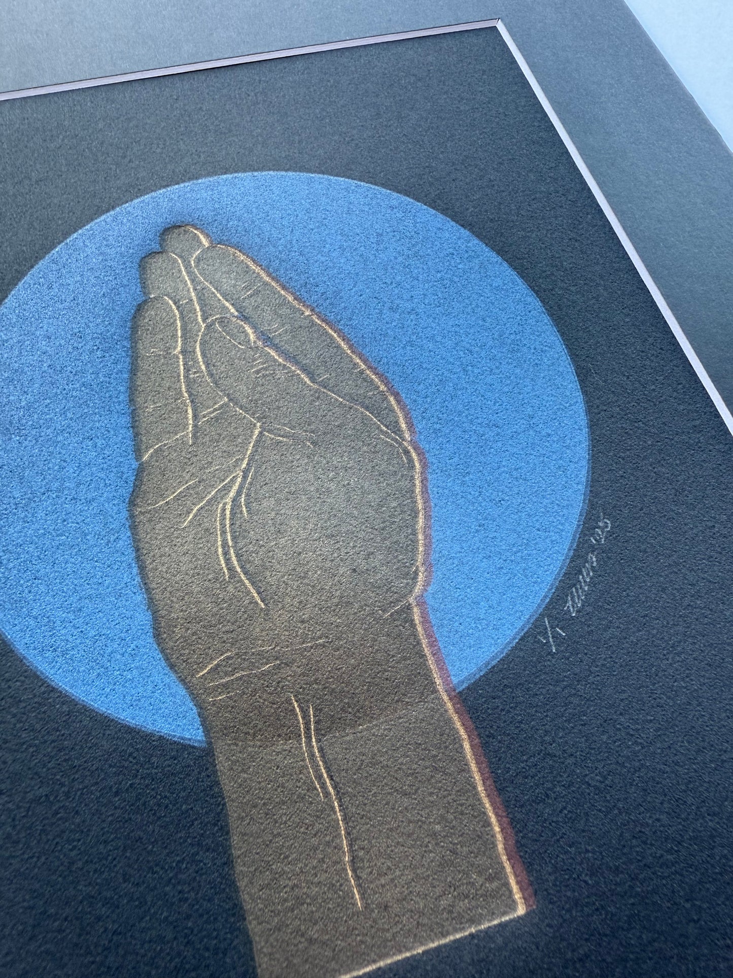 Gold “Queen’s Wave”. Blue Circle. 8x10 Art in 11x14 Mat.