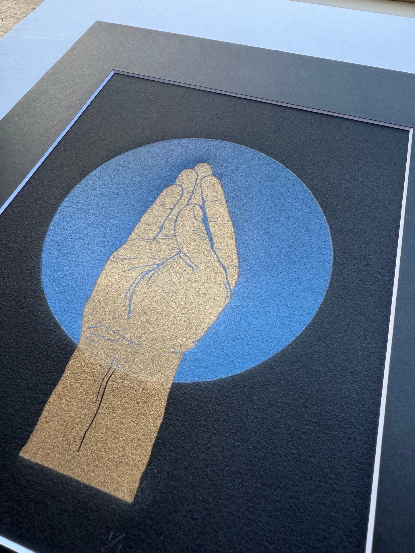 Gold “Queen’s Wave”. Blue Circle. 8x10 Art in 11x14 Mat.