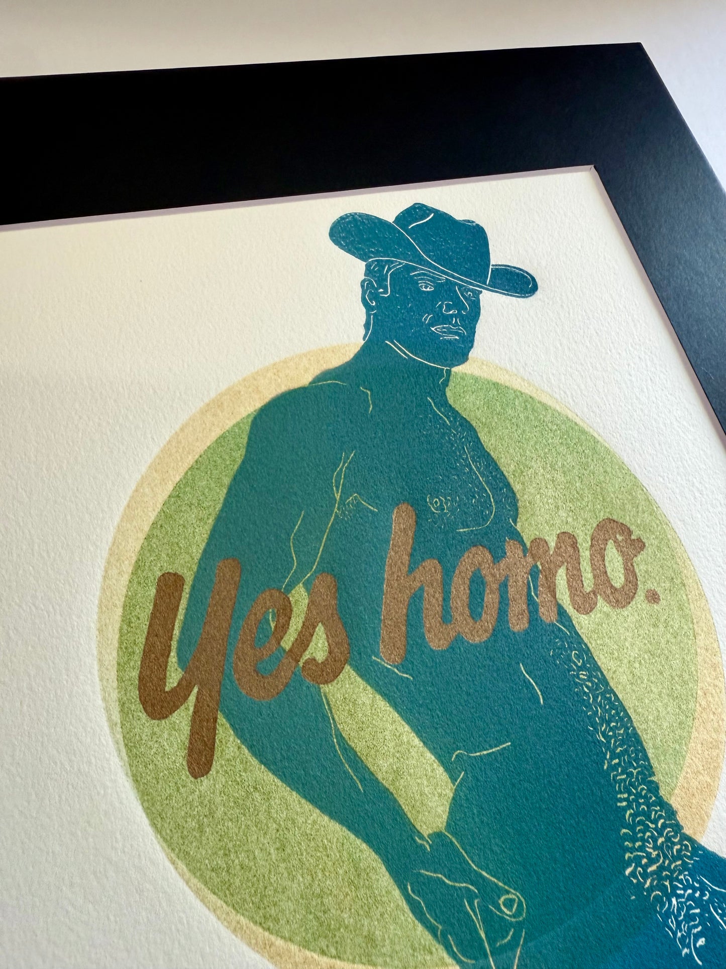 “Yes Homo” Cowboy. Interlocking Circles. 8x10 Art in 11x14 Mat.