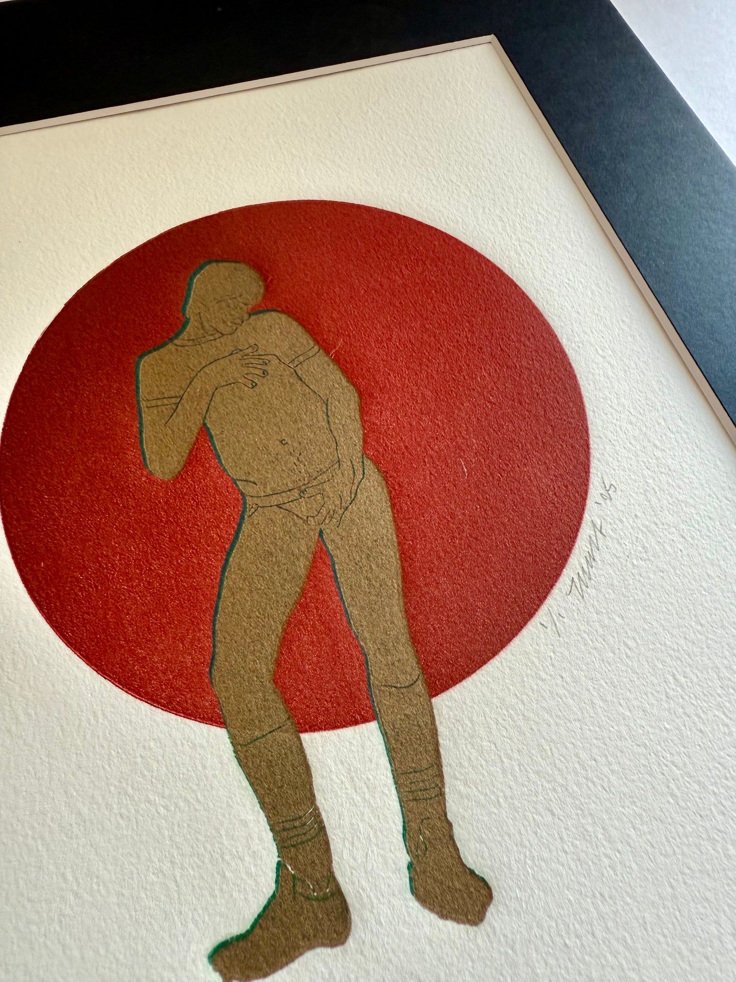 Gold/Blue Figure. Red Circle. 8x10 Art in 11x14 Mat.