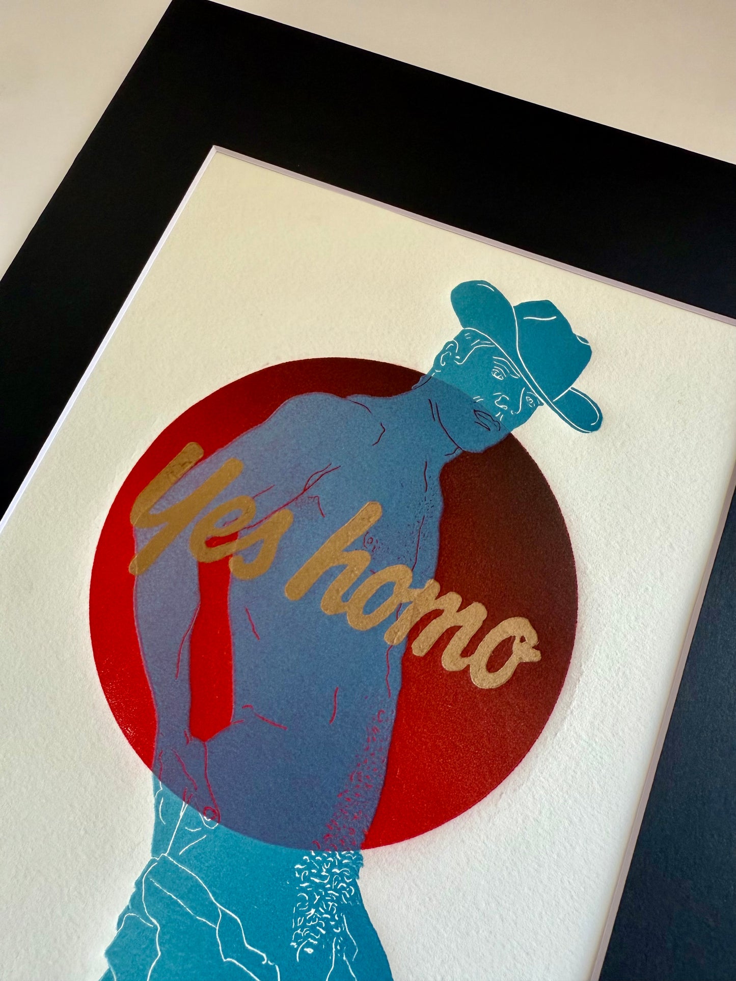 “Yes Homo” Cowboy. Red Circle. 8x10 Art in 11x14 Mat.