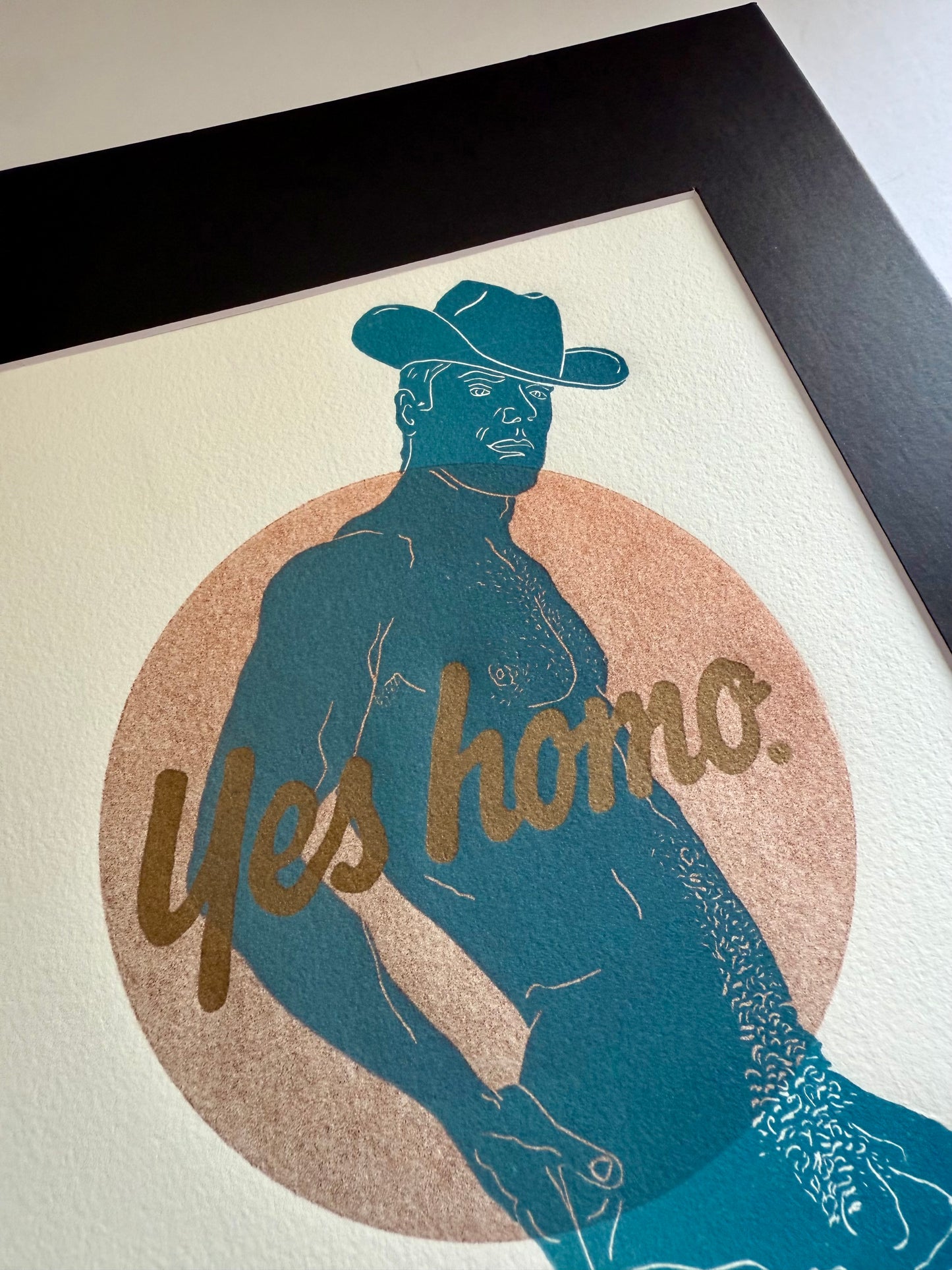 “Yes Homo” Cowboy. Red Circle. 8x10 Art in 11x14 Mat.