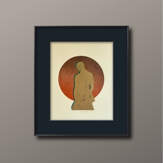 Golden Head. Burgundy Circle. 8x10 Art in 11x14 Mat.
