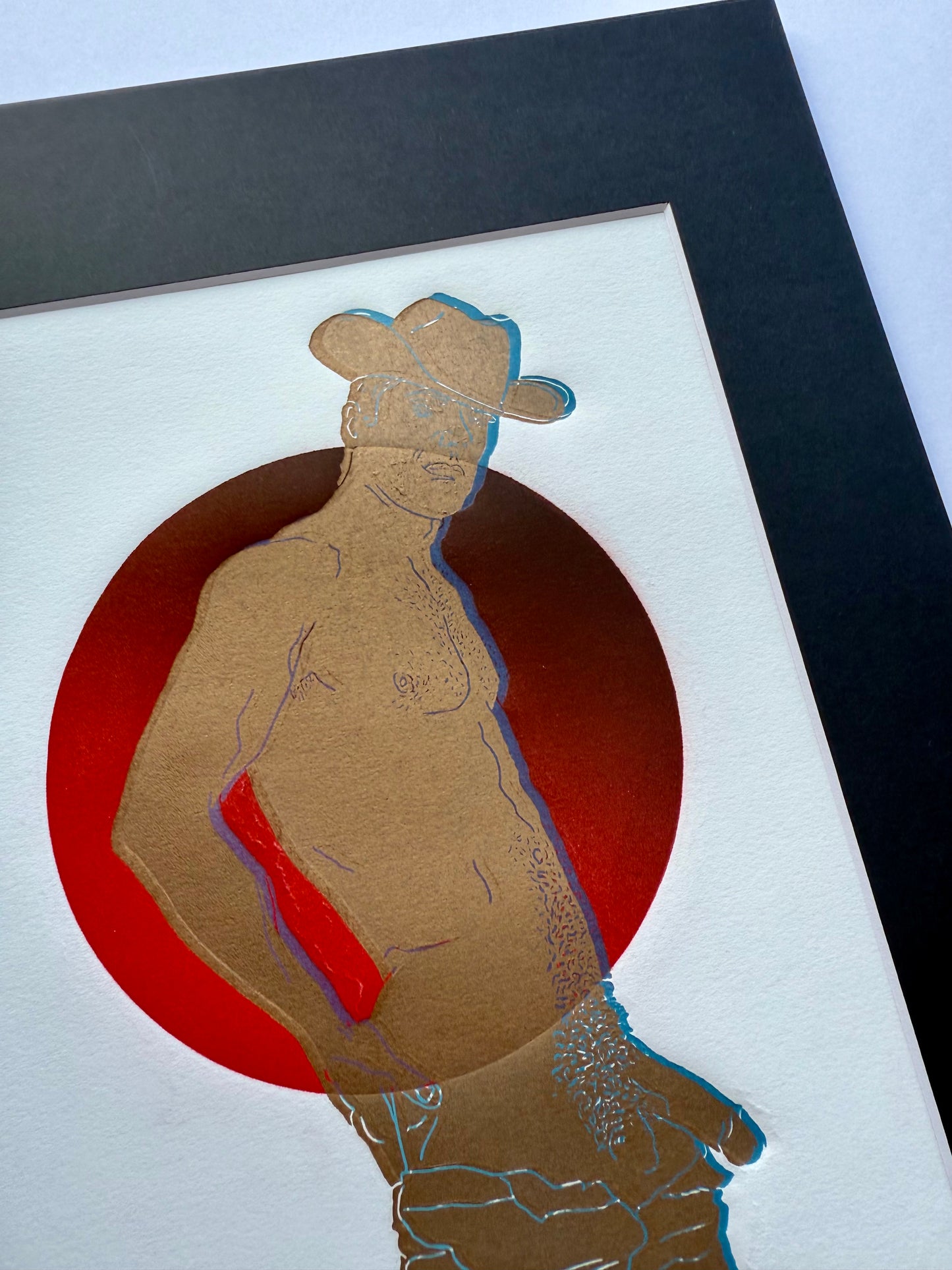 Golden/Blue Cowboy. Red Circle. 8x10 Art in 11x14 Mat.