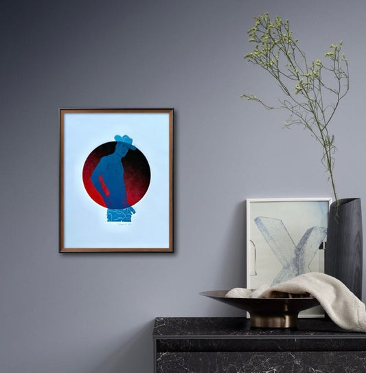 Light Blue Cowboy. Red Circle. 11x15 Art.