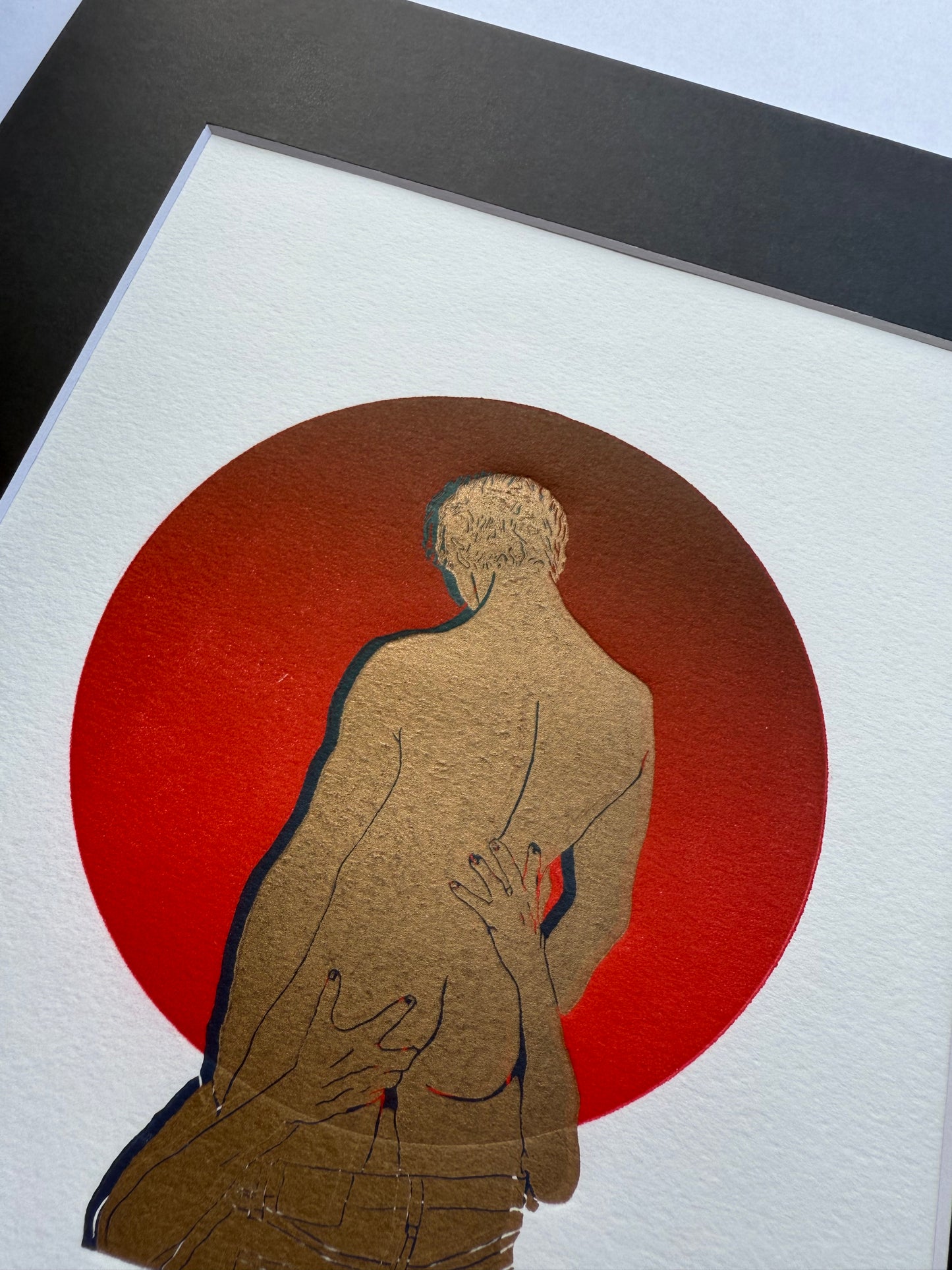 Golden Head. Red Ombre Circle. 8x10 Art in 11x14 Mat.