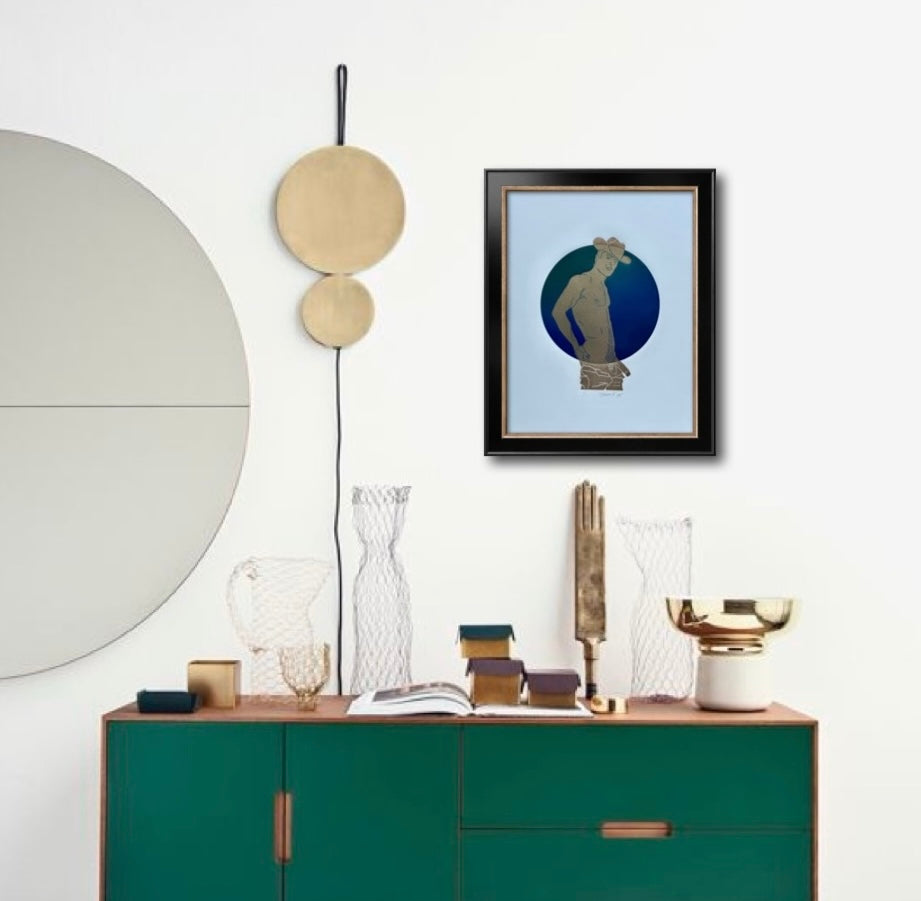 Golden Cowboy. Emerald/Cobalt Circle. 11x15 Art.
