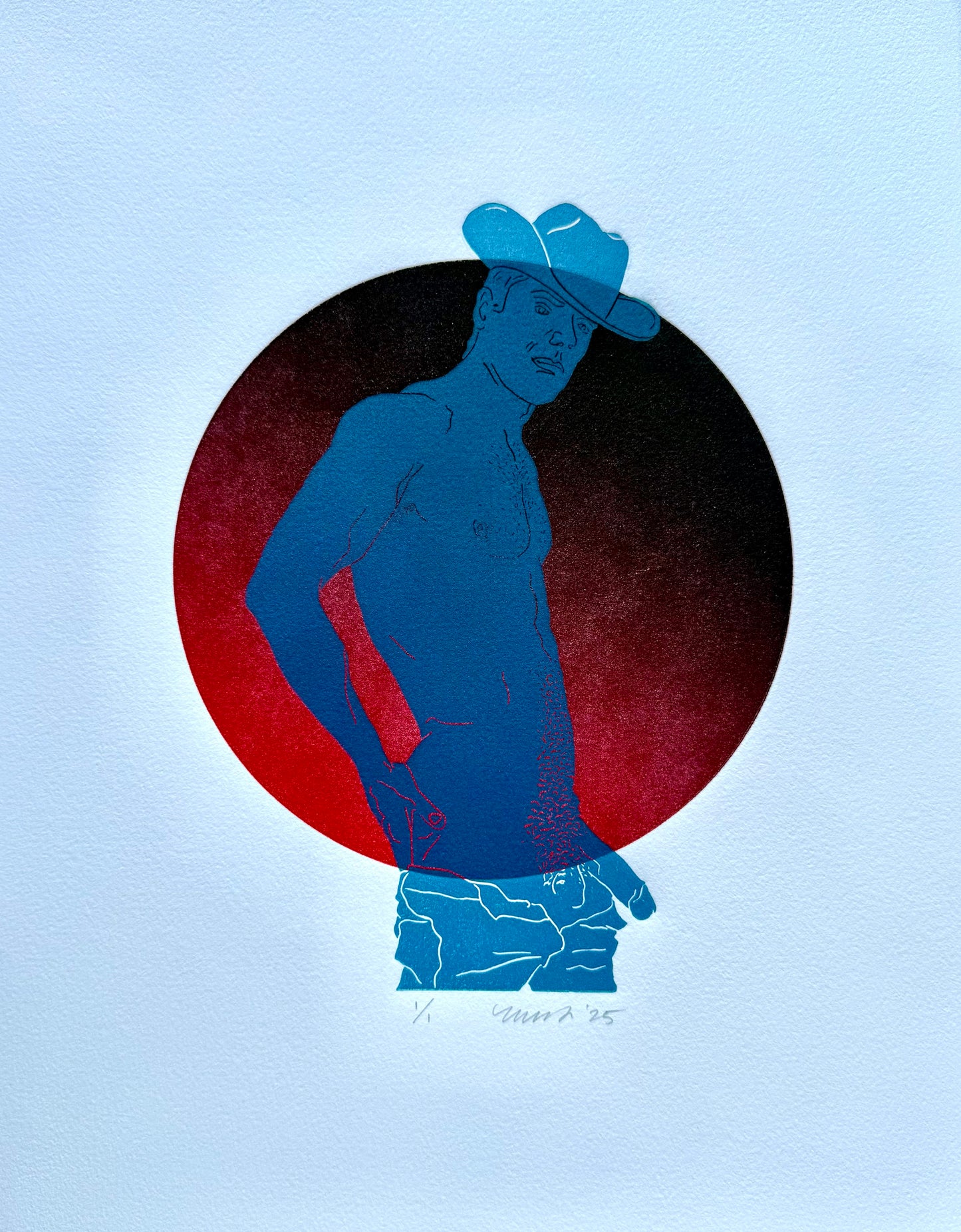 Light Blue Cowboy. Red Circle. 11x15 Art.