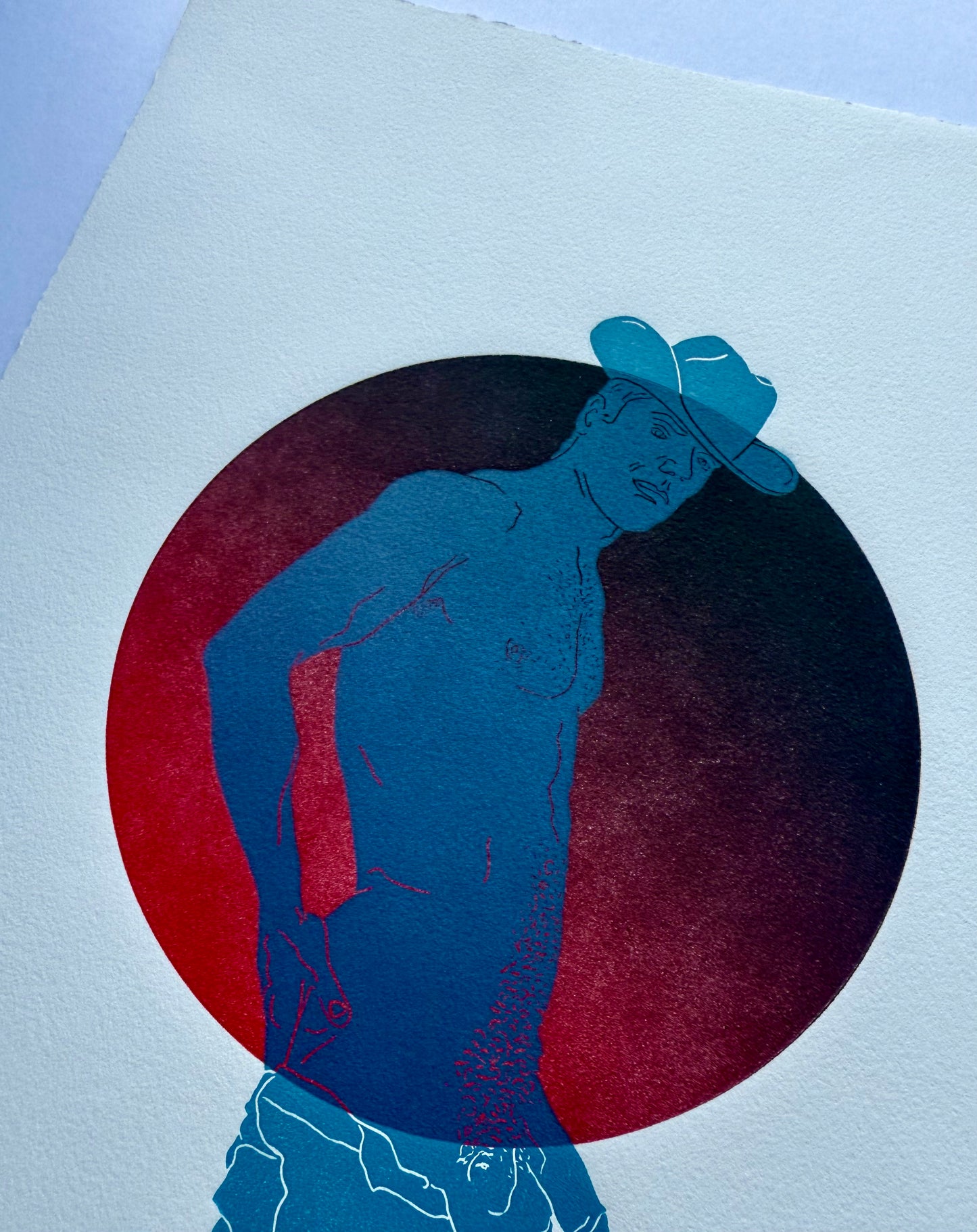 Light Blue Cowboy. Red Circle. 11x15 Art.