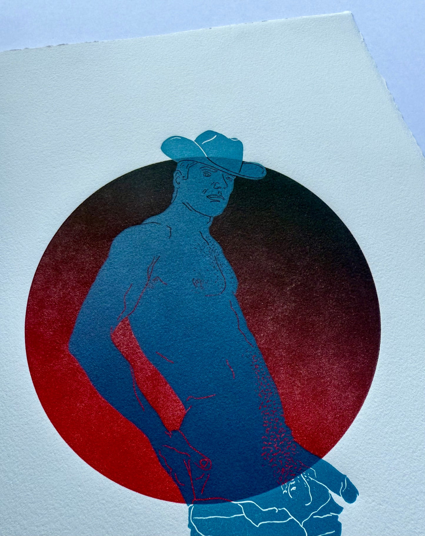 Light Blue Cowboy. Red Circle. 11x15 Art.