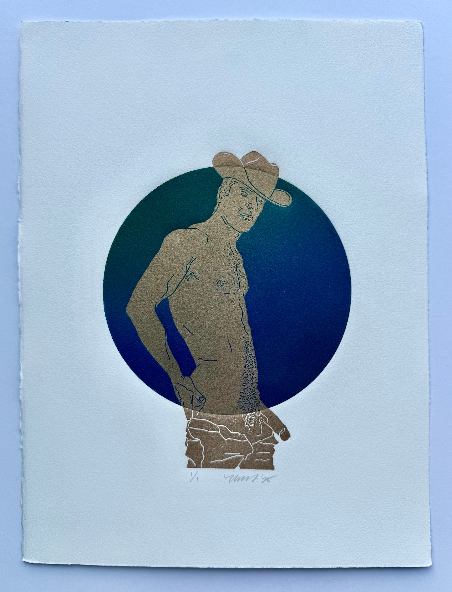 Golden Cowboy. Emerald/Cobalt Circle. 11x15 Art.