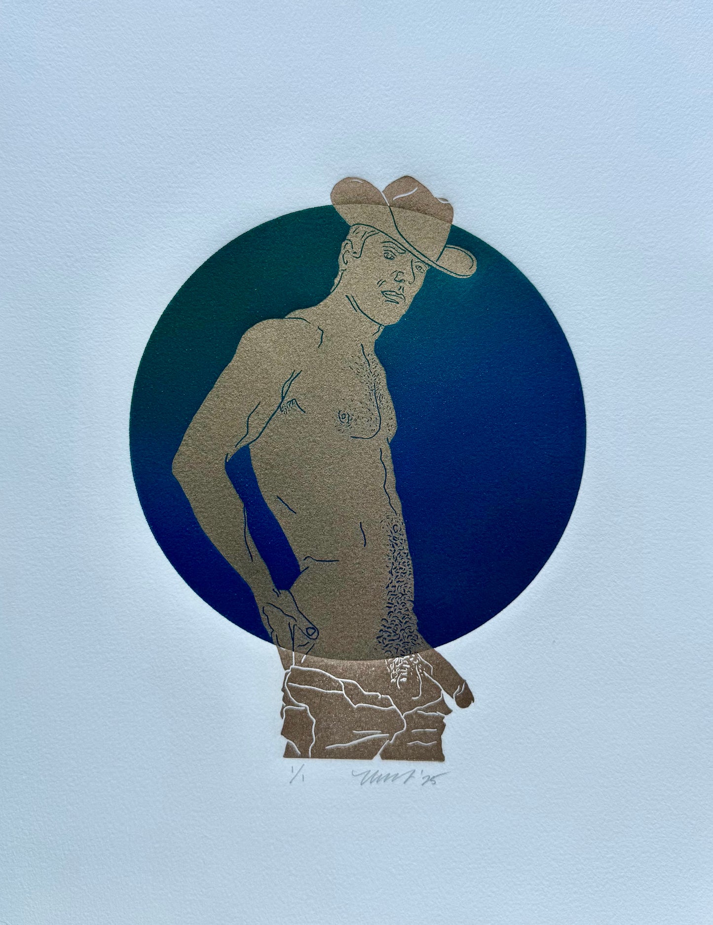 Golden Cowboy. Emerald/Cobalt Circle. 11x15 Art.