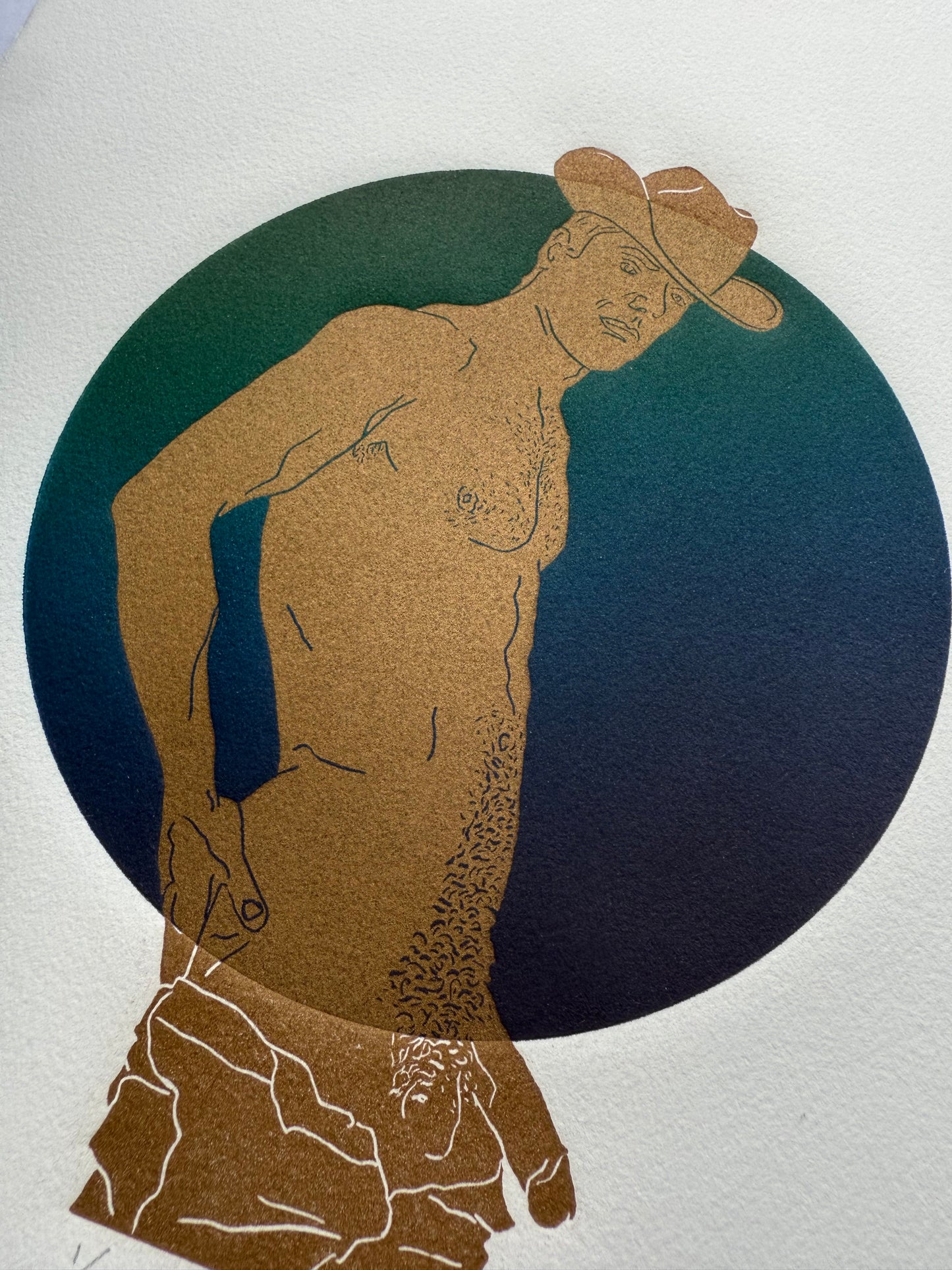Golden Cowboy. Emerald/Cobalt Circle. 11x15 Art.