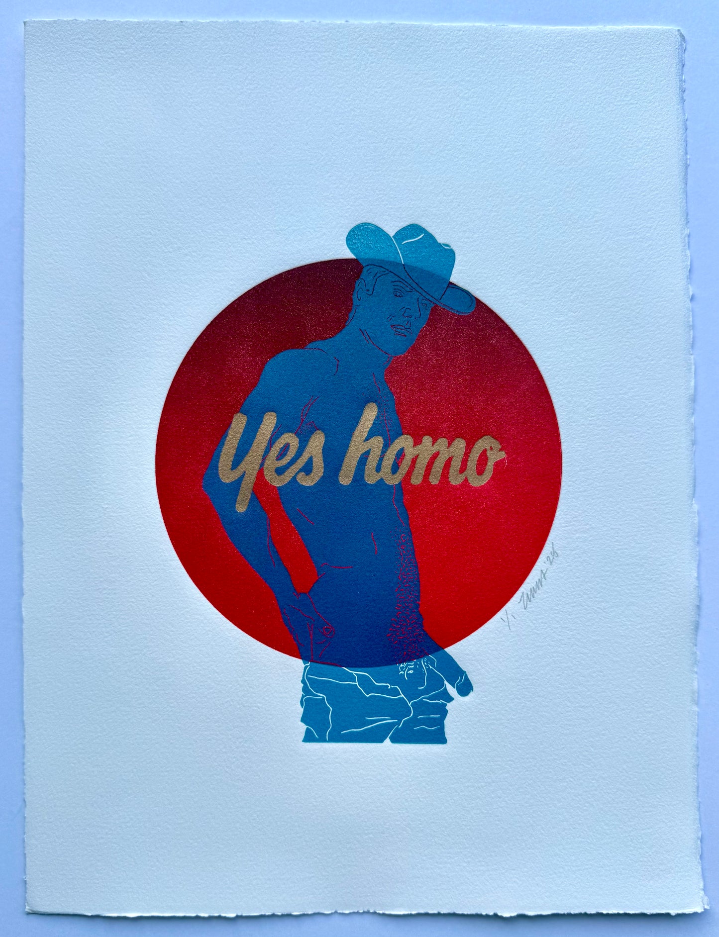 “Yes Homo” Cowboy. Red Circle. 11x15 Art.
