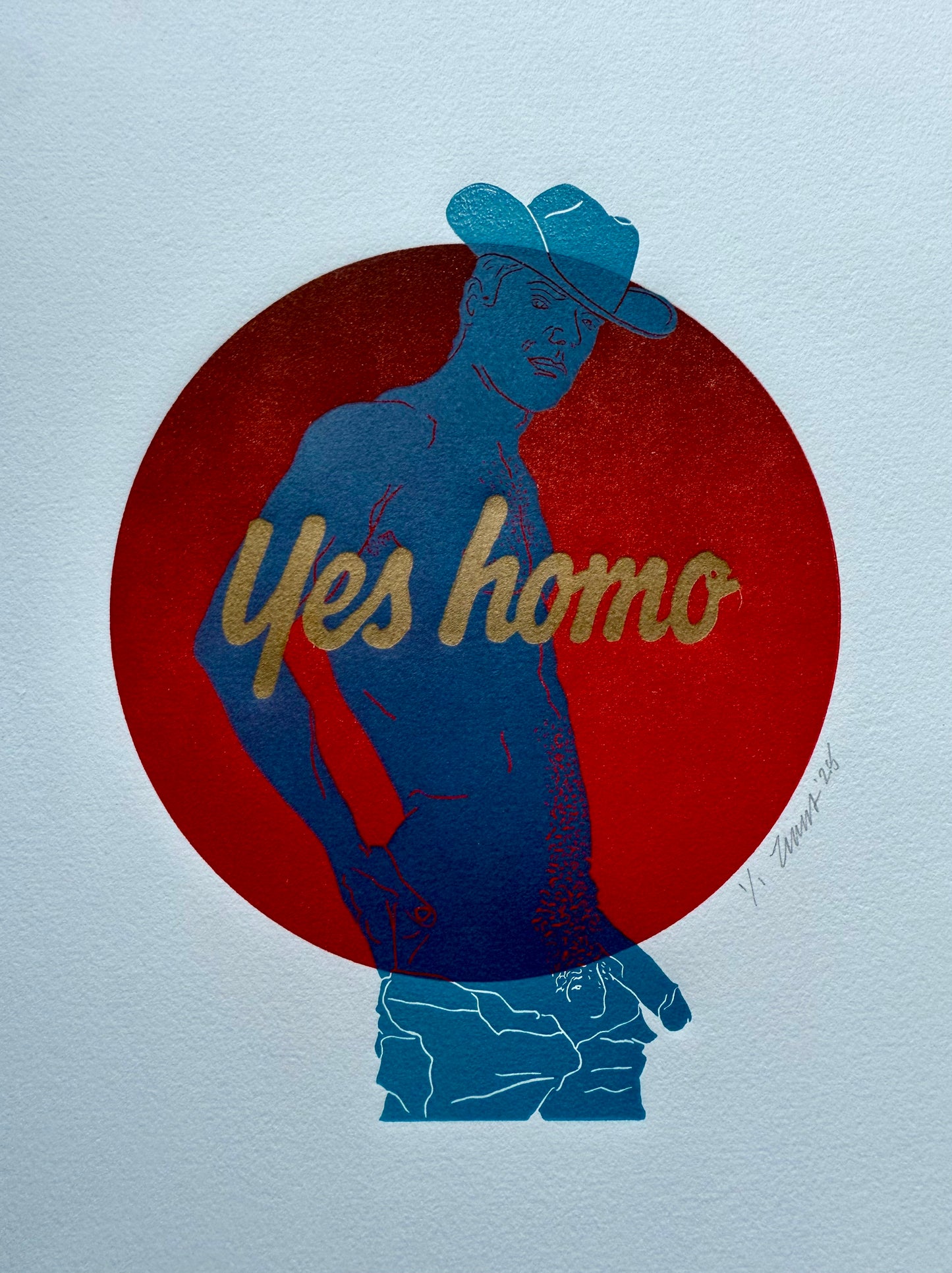 “Yes Homo” Cowboy. Red Circle. 11x15 Art.