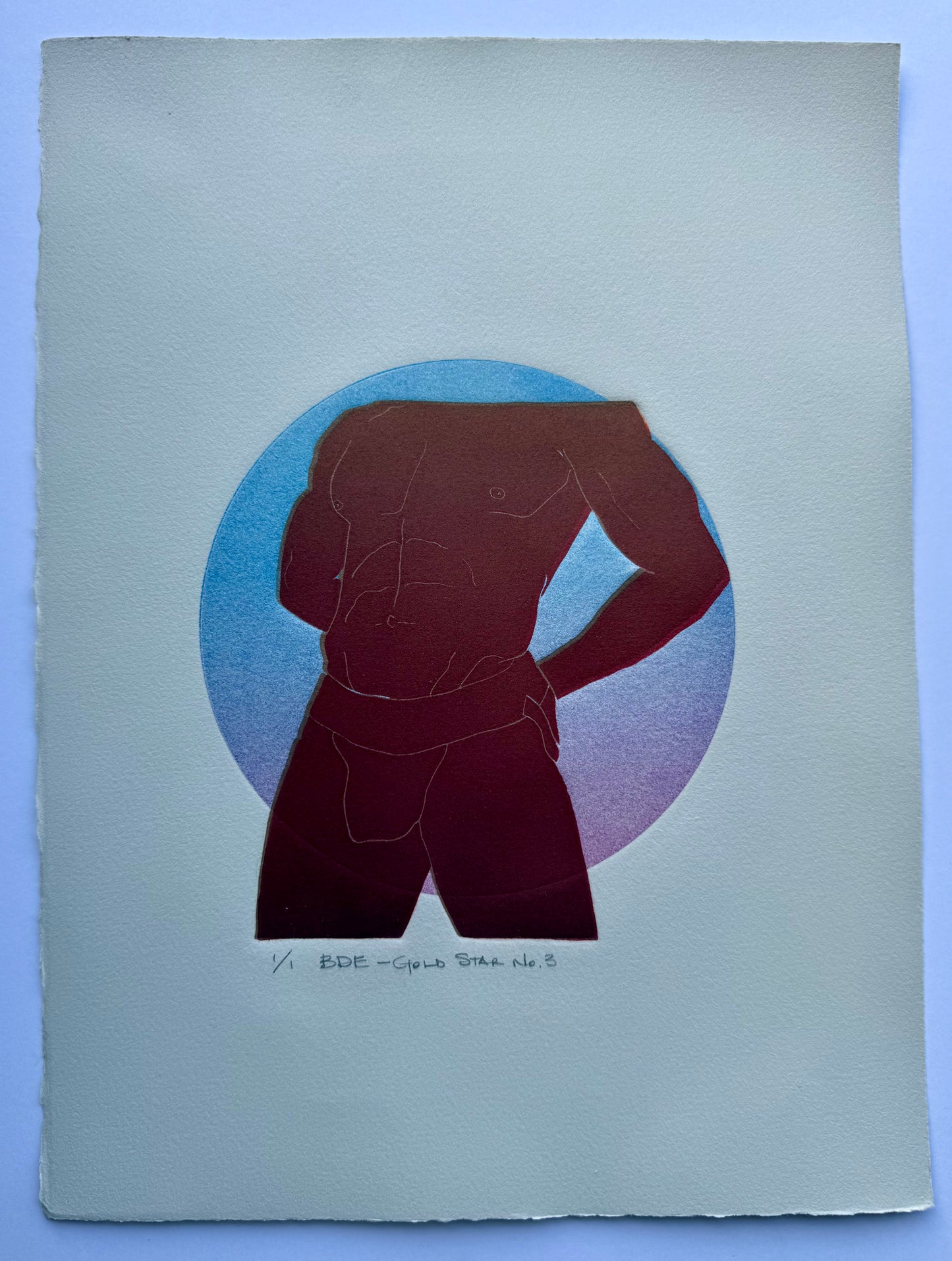 Red Torso. Blue/Purple Circle. 11x15 Art.