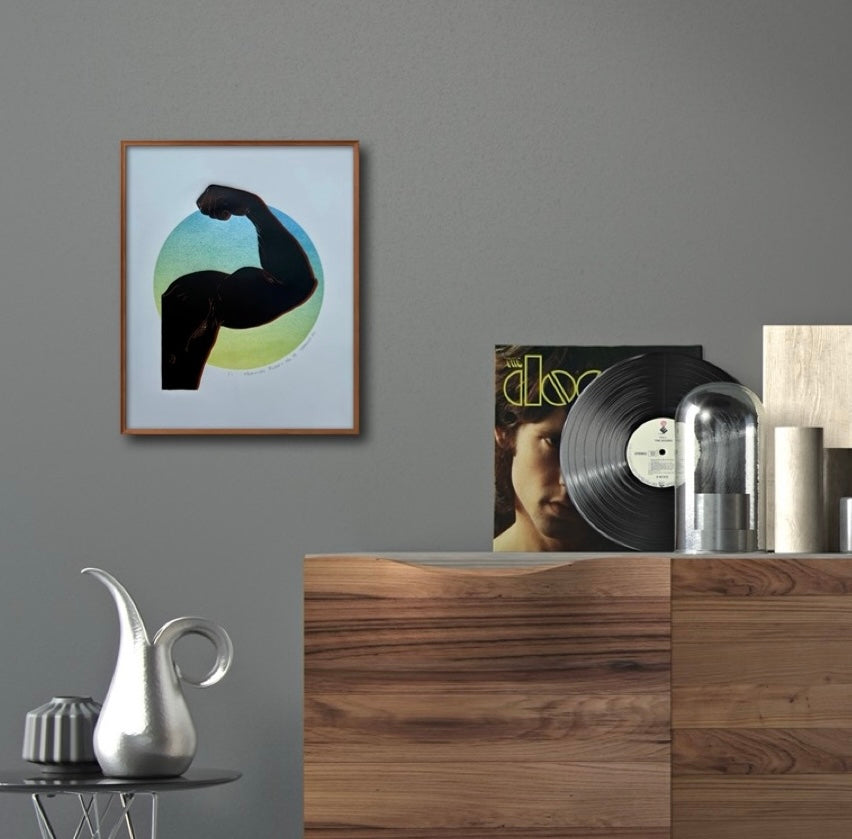 Black/Red Bicep. Blue/Lime Green Circle. 11x15 Art.