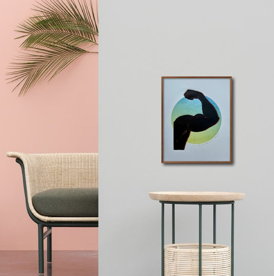 Black/Red Bicep. Blue/Lime Green Circle. 11x15 Art.