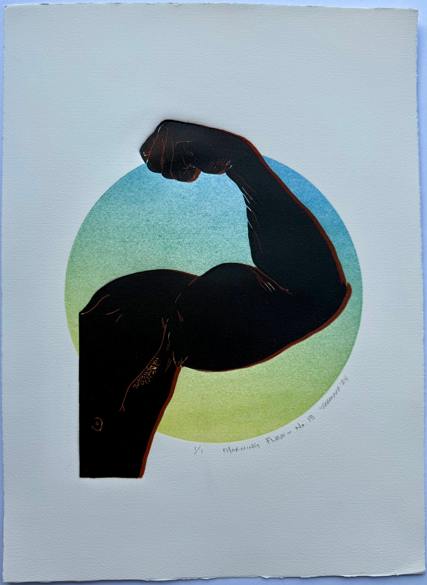 Black/Red Bicep. Blue/Lime Green Circle. 11x15 Art.
