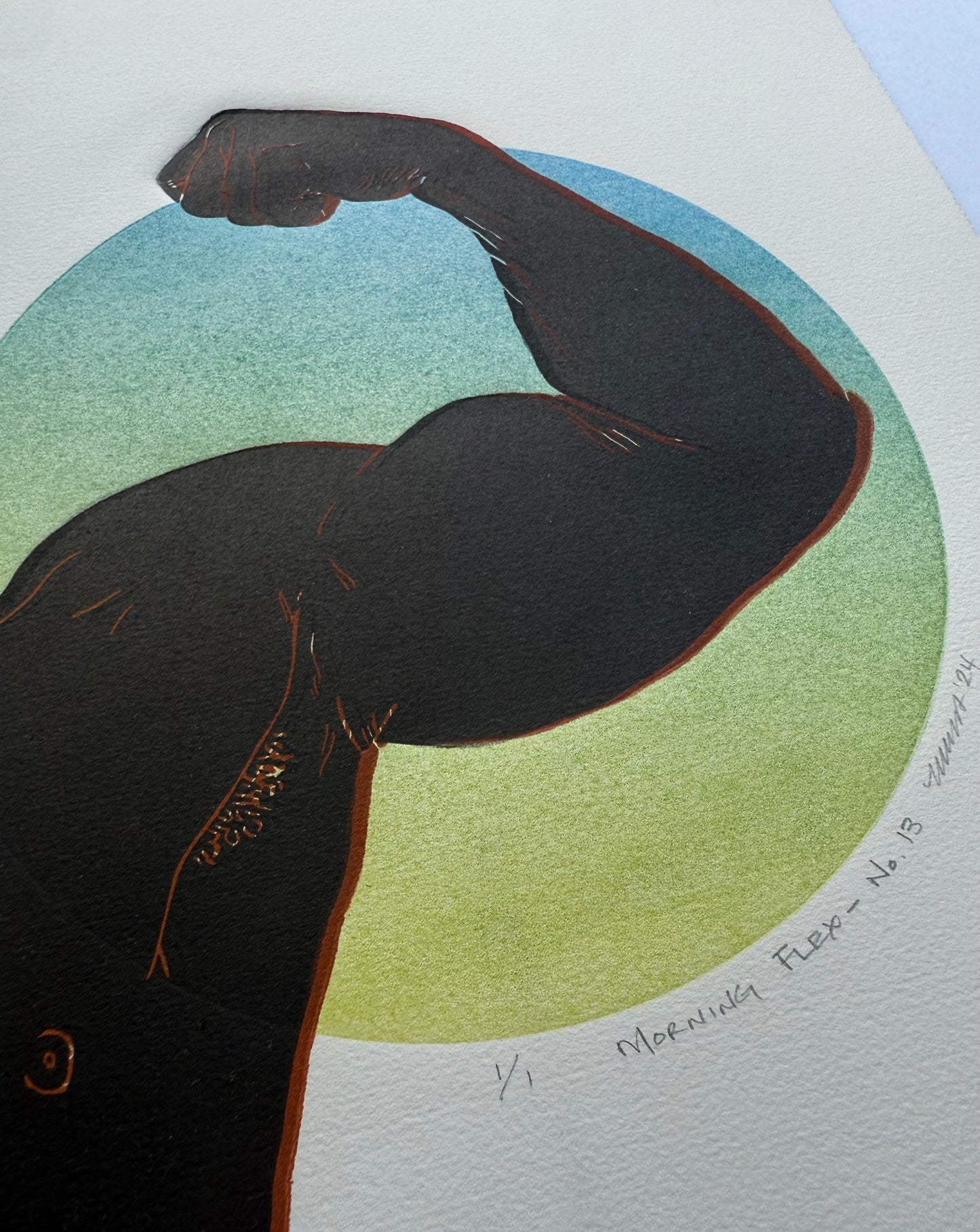 Black/Red Bicep. Blue/Lime Green Circle. 11x15 Art.