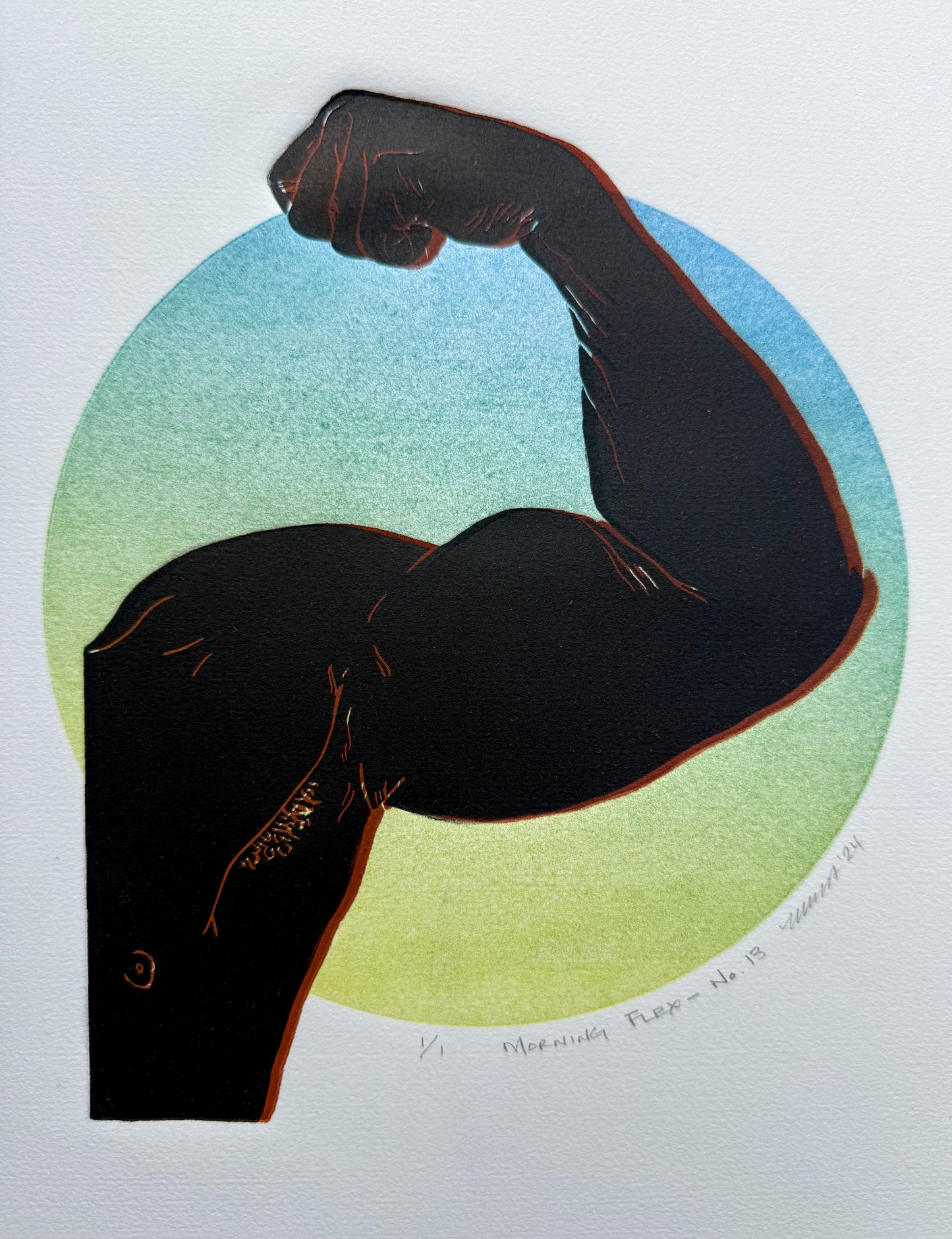 Black/Red Bicep. Blue/Lime Green Circle. 11x15 Art.