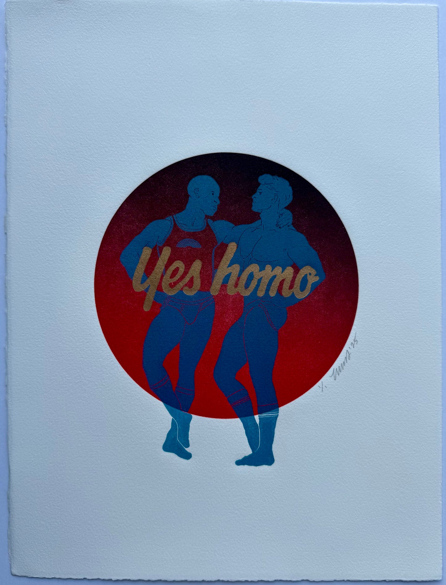 “Yes Homo”. Light Blue Couple. Red Circle. 11x15 Art.