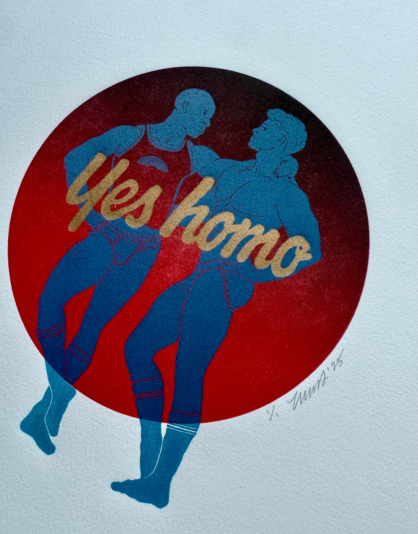 “Yes Homo”. Light Blue Couple. Red Circle. 11x15 Art.