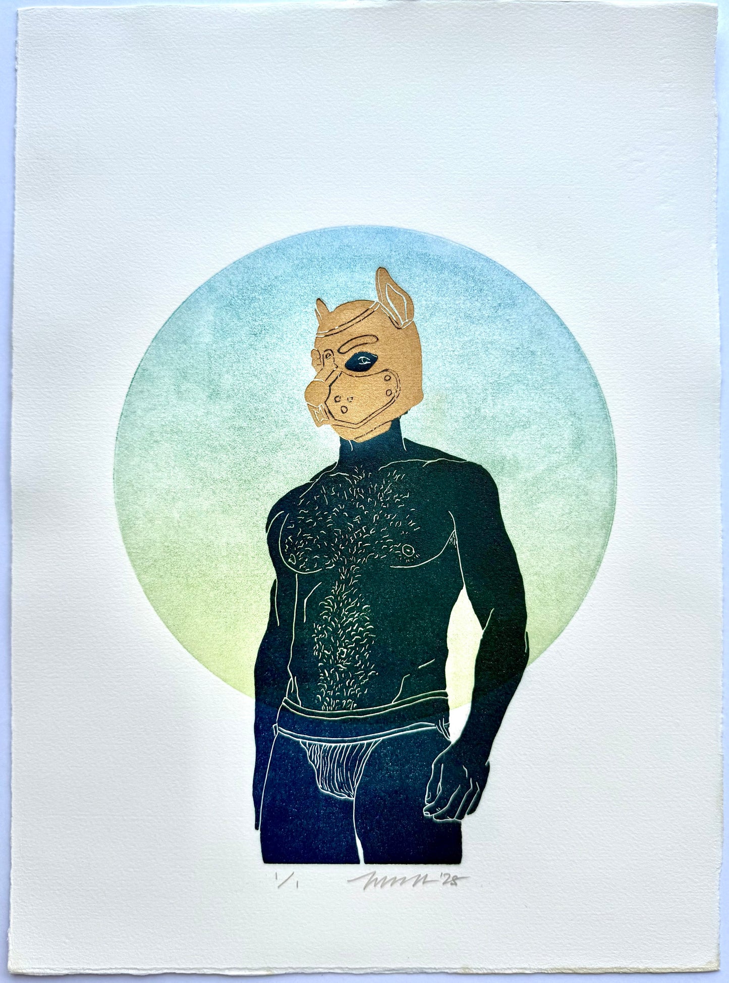 “Pup Portrait”. Blue/Green Circle. 11x15 Art.