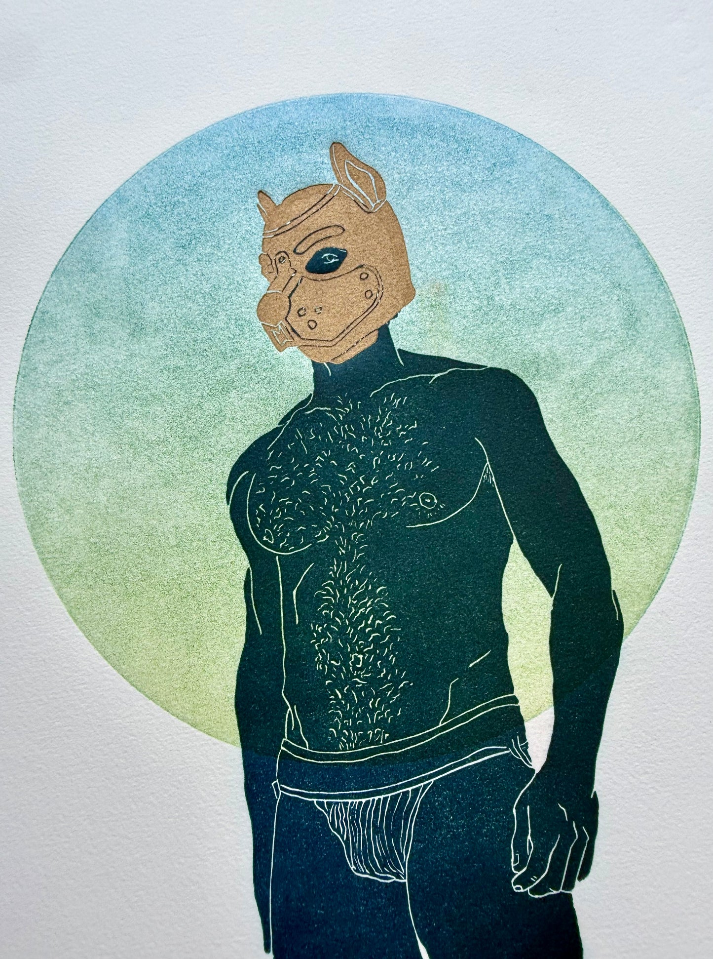 “Pup Portrait”. Blue/Green Circle. 11x15 Art.