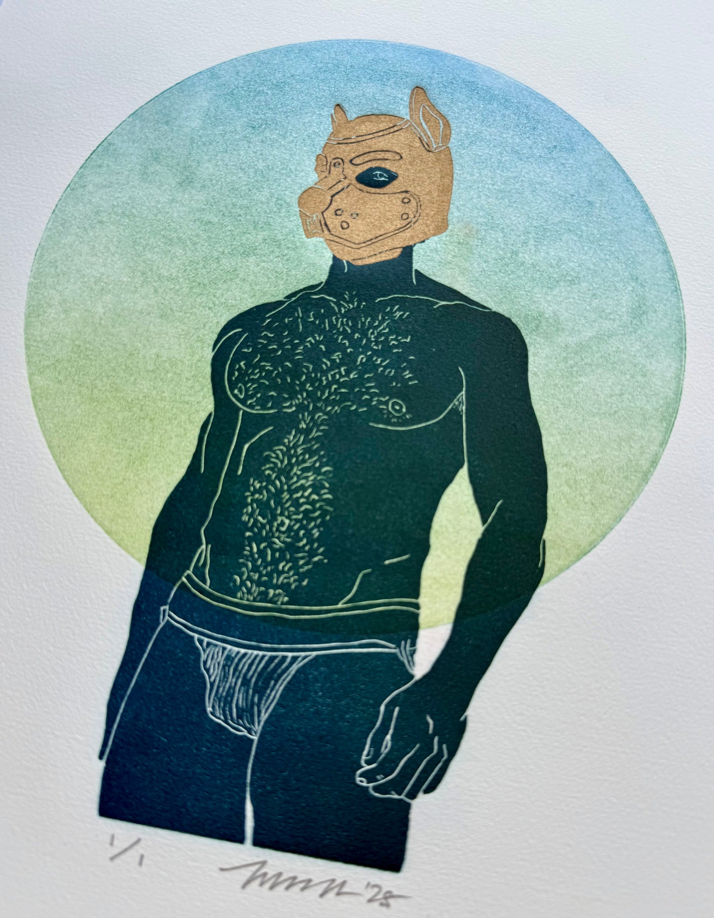 “Pup Portrait”. Blue/Green Circle. 11x15 Art.