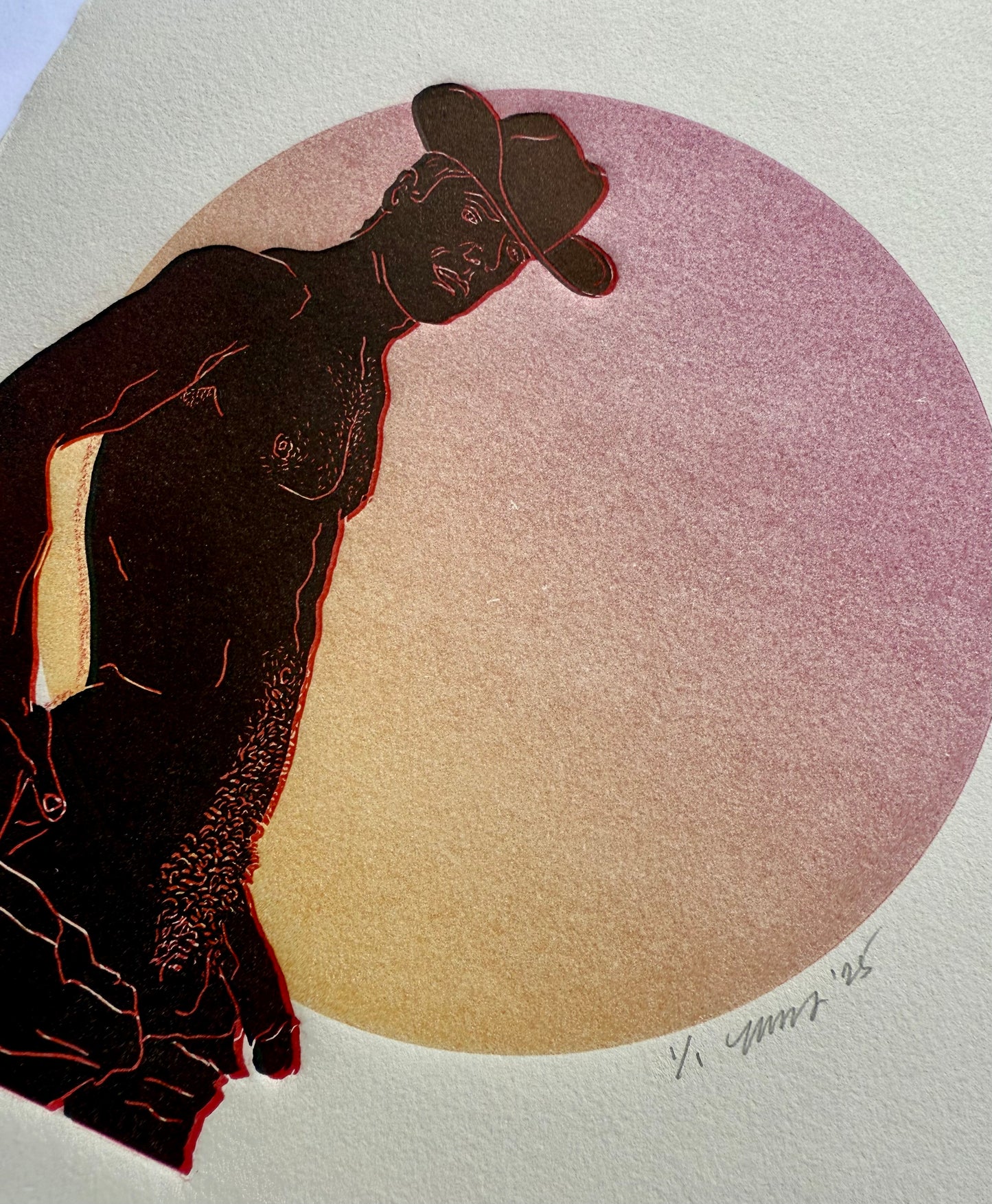 Black & Red Cowboy. Red/Orange Circle. 11x15 Art.