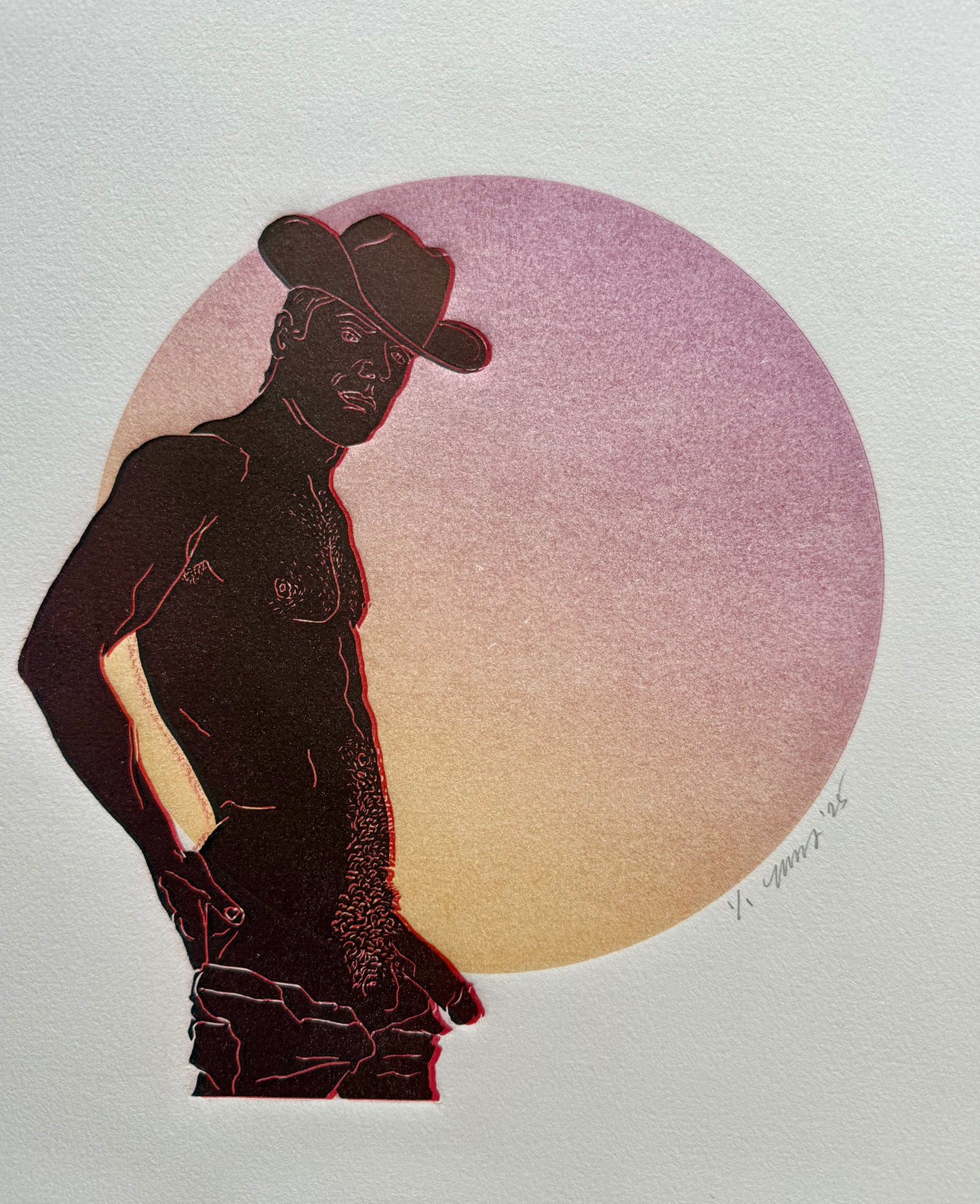 Black & Red Cowboy. Red/Orange Circle. 11x15 Art.