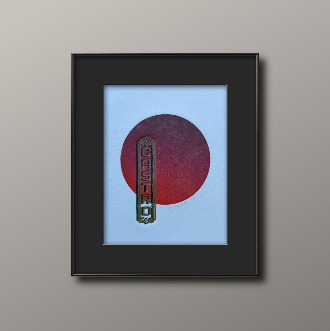 Gold & Blue Castro. Burgundy Circle. 8x10 Art in 11x14 Mat.