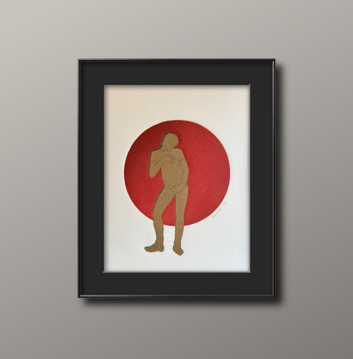 Gold/Blue Figure. Red Circle. 8x10 Art in 11x14 Mat.