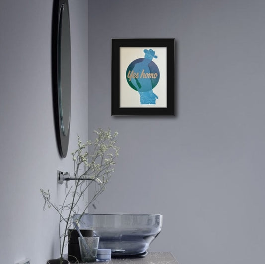 Gold “Yes Homo” on Blue Cowboy. 8x10 Art in 11x14 Mat.