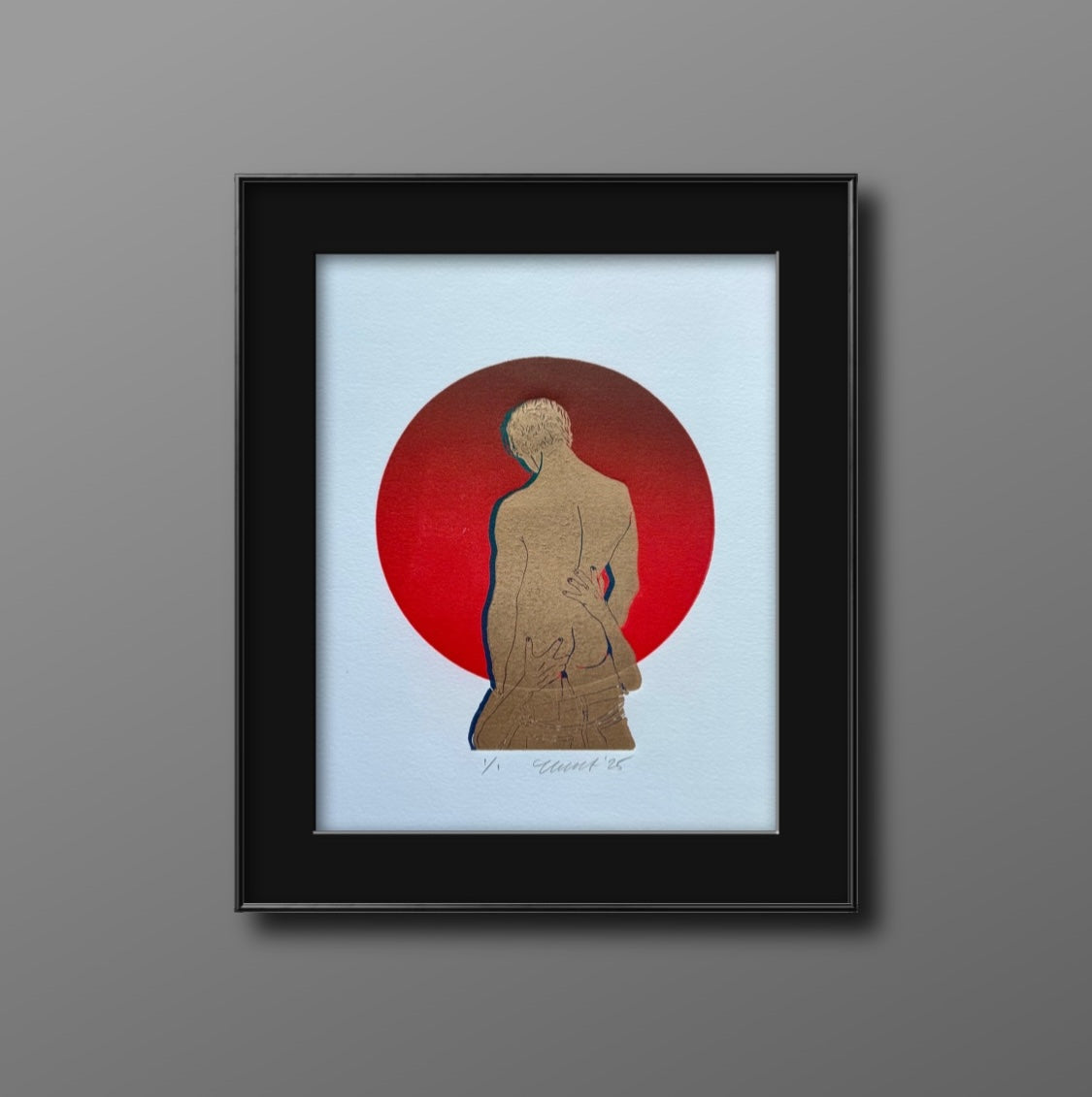 Golden Head. Red Ombre Circle. 8x10 Art in 11x14 Mat.