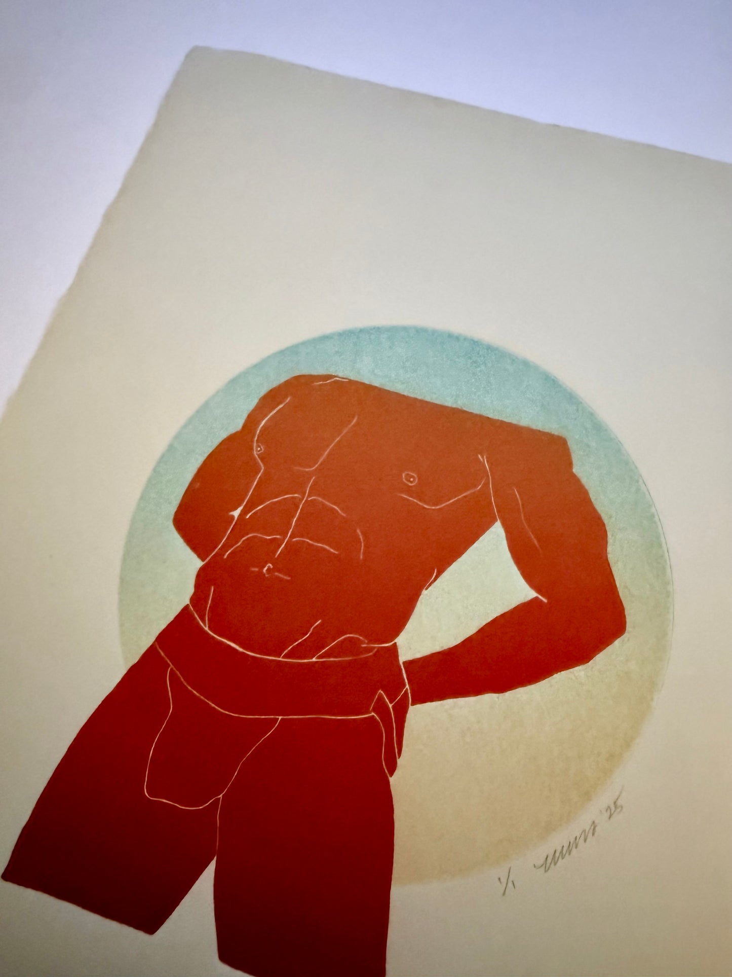 BDE. Red/Orange Torso on Teal/Yellow. 11x15 Art. Unmatted.