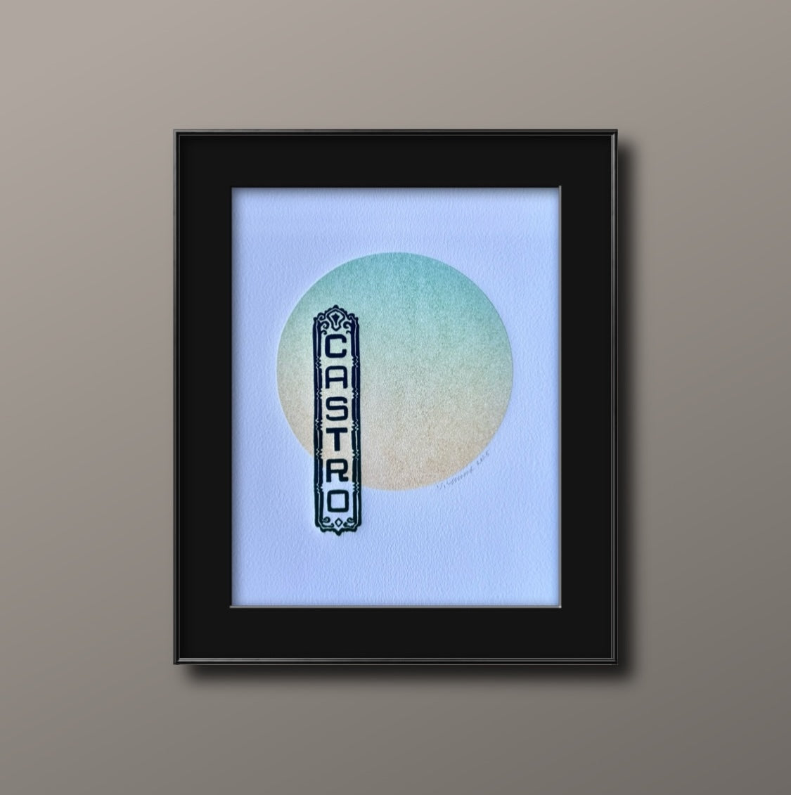 Dark Blue Castro Sign. Yellow/Teal Circle. 8x10 Art in 11x14 Mat.