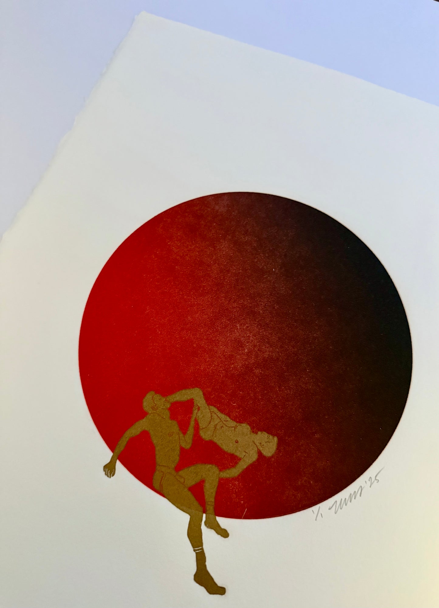Gold Figures. Red/Black Circle. 11x15 Art.