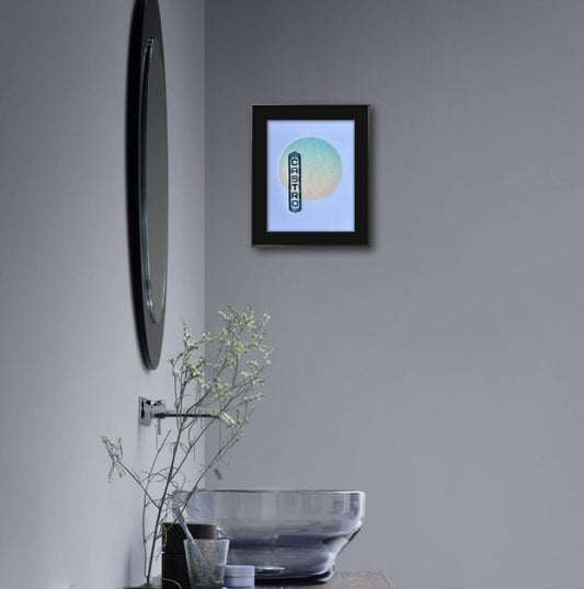 Dark Blue Castro Sign. Yellow/Teal Circle. 8x10 Art in 11x14 Mat.