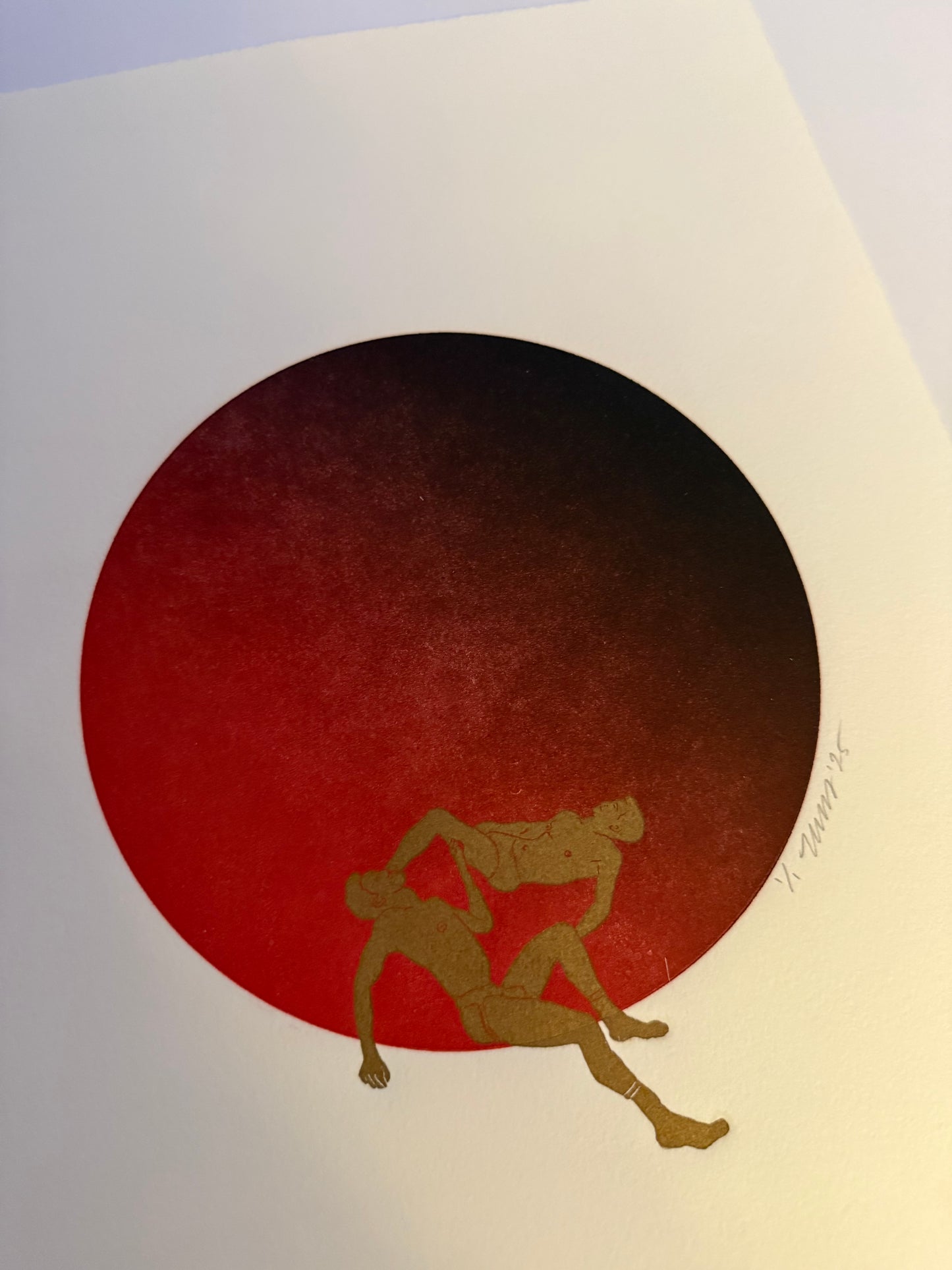 Gold Figures. Red/Black Circle. 11x15 Art.