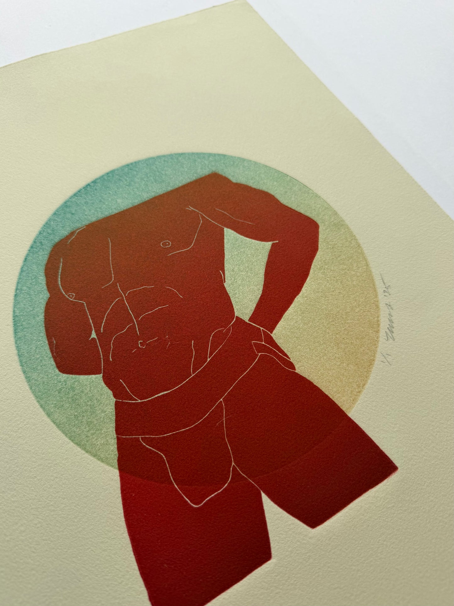 "BDE”. Red Figure. Teal/Yellow Circle. 11x15 Art. Unmatted.
