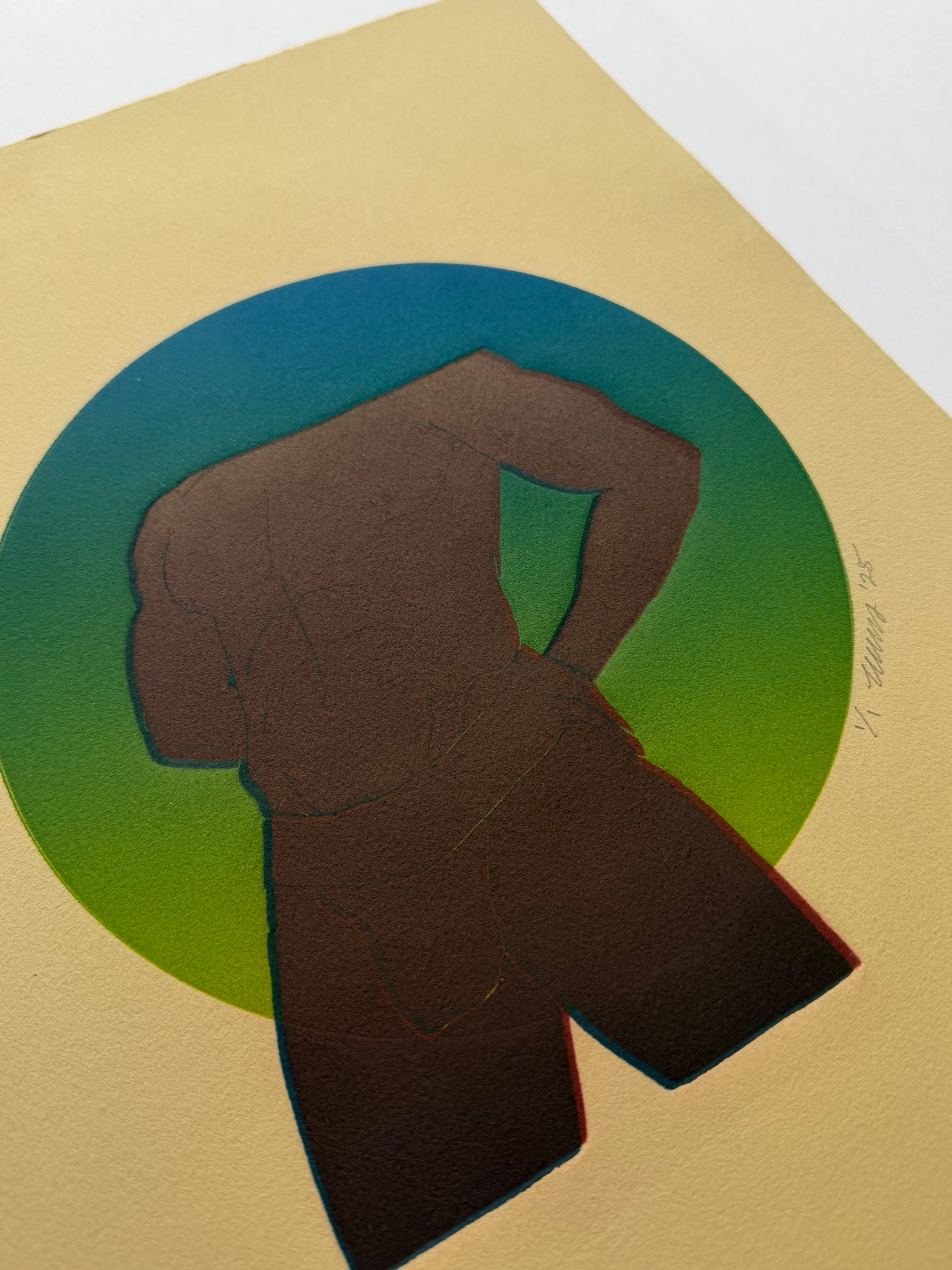"BDE”. Dark Red Figure. Blue/Green Circle. 11x15 Art. Unmatted