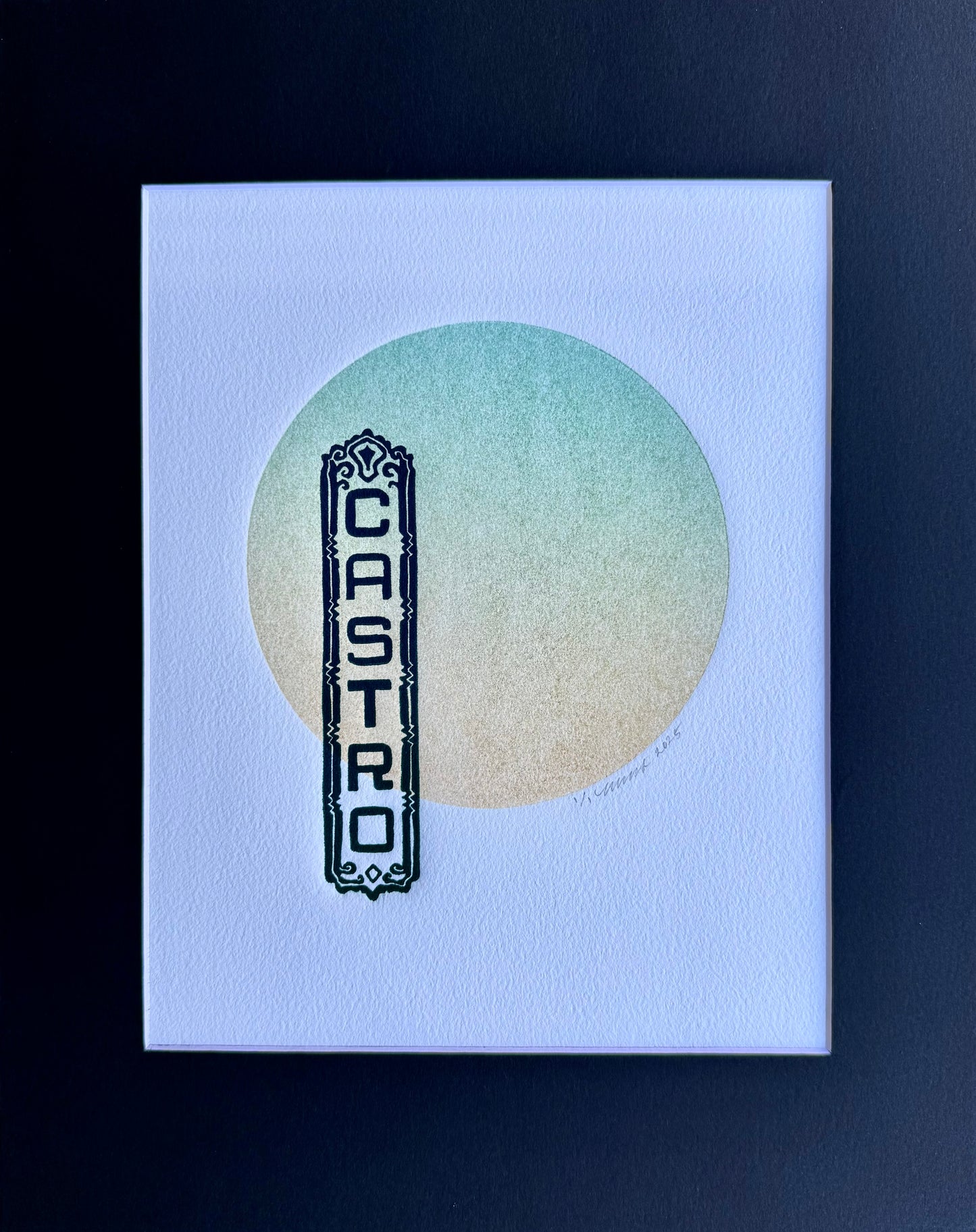 Dark Blue Castro Sign. Yellow/Teal Circle. 8x10 Art in 11x14 Mat.