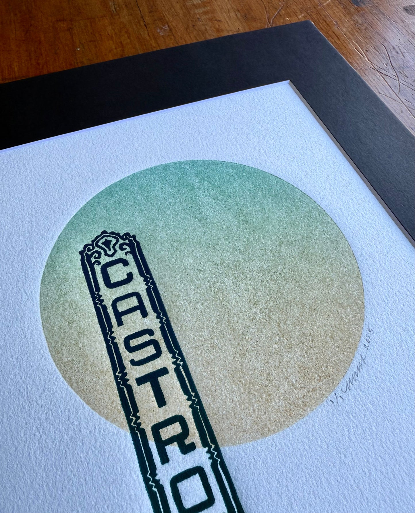Dark Blue Castro Sign. Yellow/Teal Circle. 8x10 Art in 11x14 Mat.