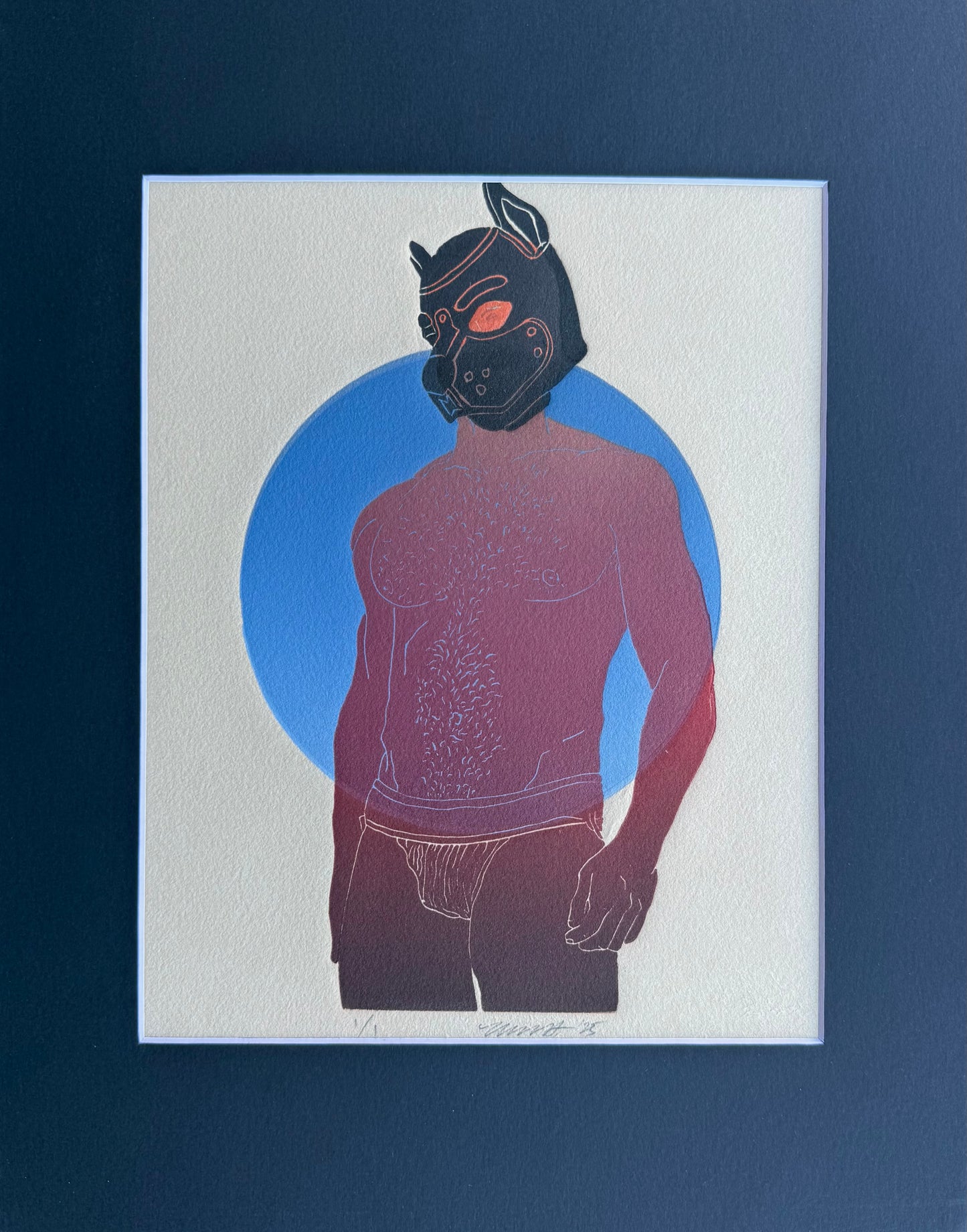 “Pup Portrait”. Red Jock. Black Hood. 8x10 Art in 11x14 Mat.