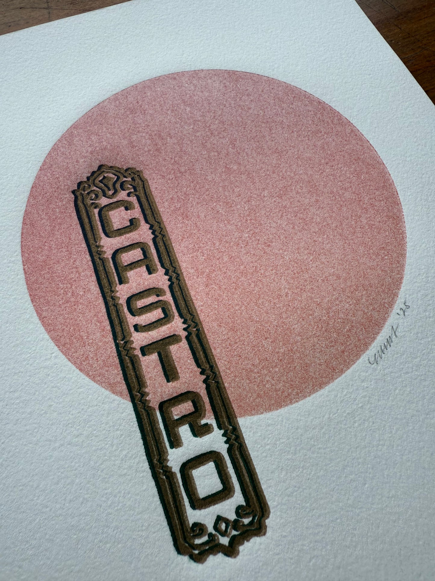 Gold/Dark Teal Castro. Red Circle. 8x10 Art in 11x14 Mat.