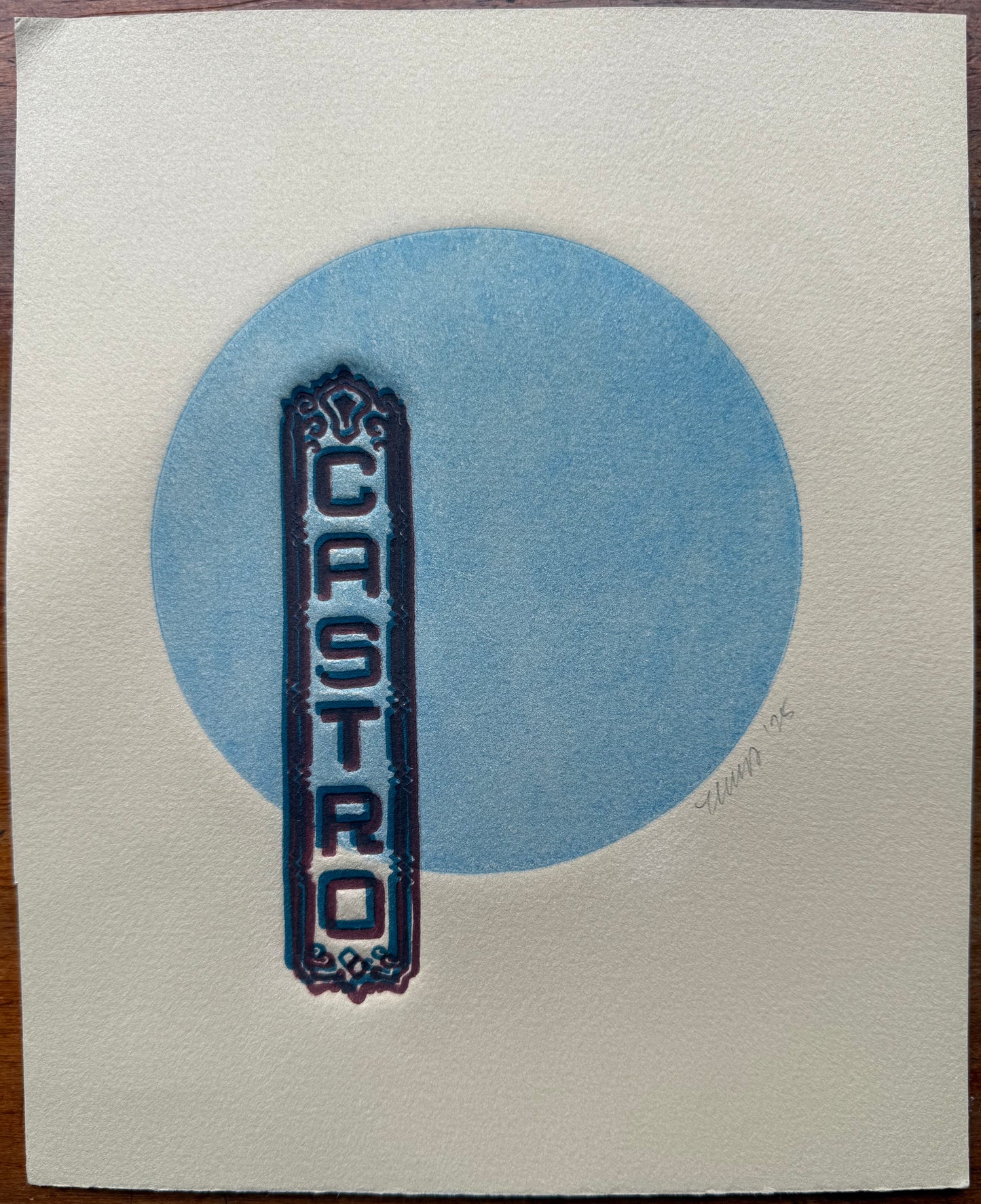 Maroon/Blue Castro. Blue Circle. 8x10 Art in 11x14 Mat.